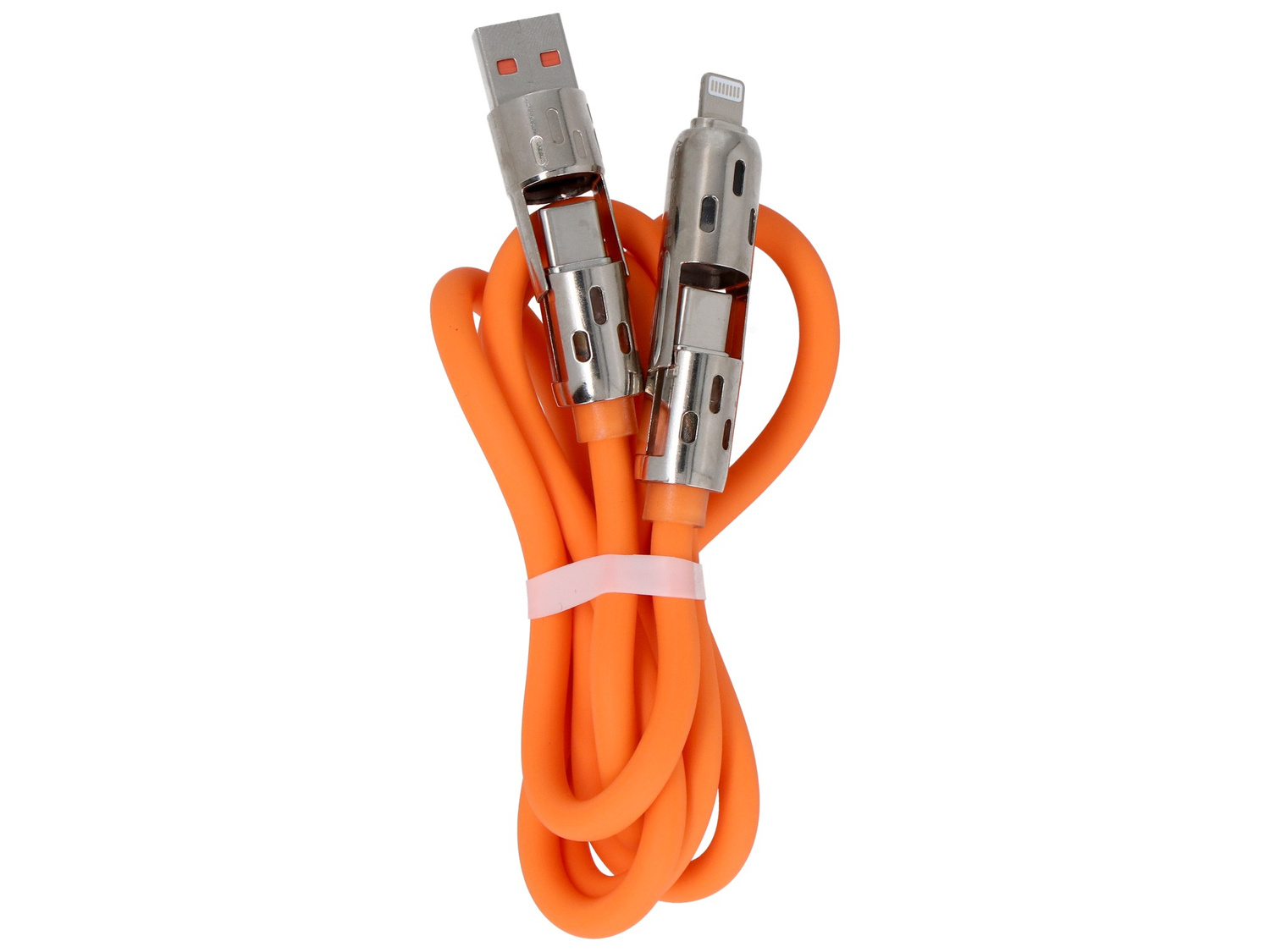 Pomarańczowy kabel ładujący ze złączami USB i Lightning, zwinięty.