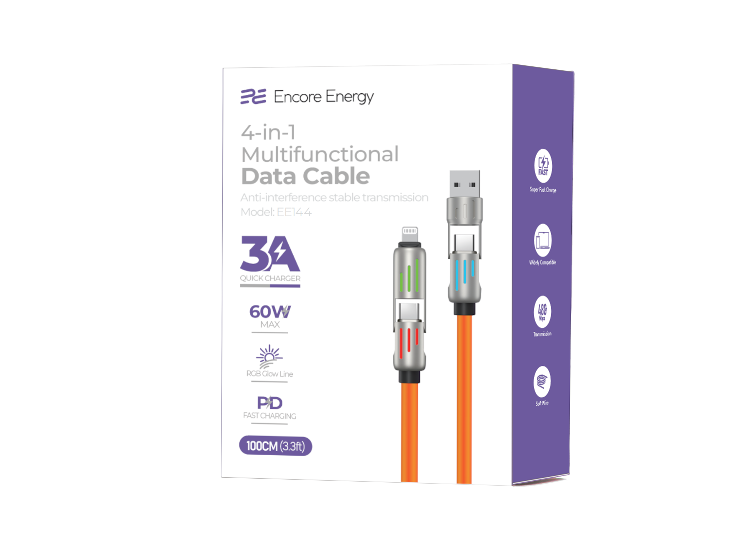 Opakowanie pomarańczowego kabla danych 4 w 1 ze złączami USB-A i Lightning.