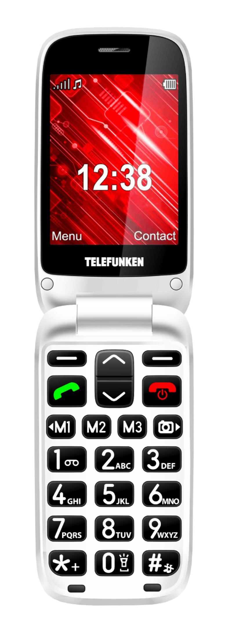 Un telefono a conchiglia bianco con sfondo rosso che mostra le 12:38.