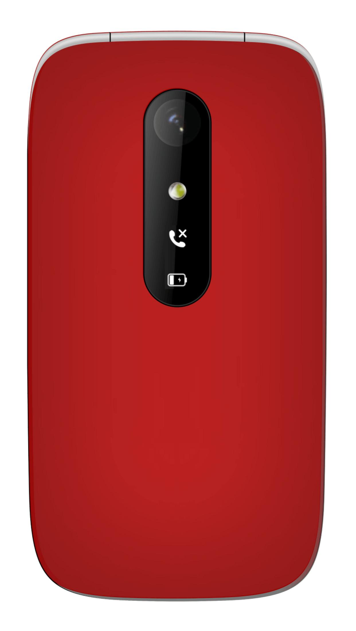 Telefono a conchiglia rosso con fotocamera, flash, icone chiamata e batteria.