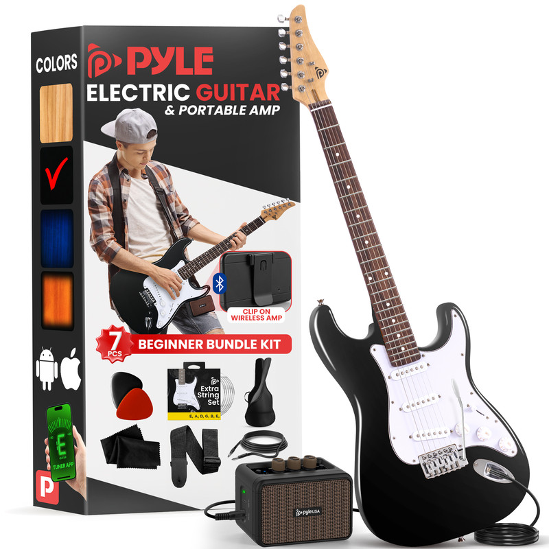Ein schwarzer E-Gitarren-Bundle-Kit mit Verstärker, Kabeln, Tragegurt und Zubehör.