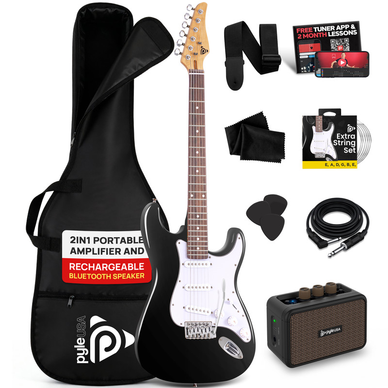 Schwarze E-Gitarre mit Zubehör: Tasche, Gurt, Plektren, Kabel, Verstärker.