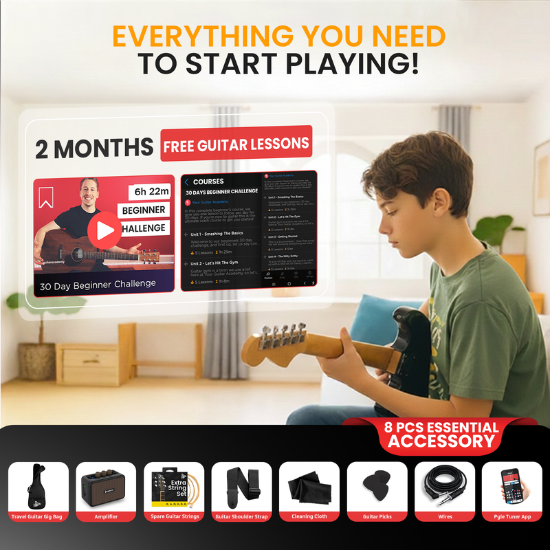 Junge spielt Gitarre, umgeben von Gitarrenzubehör und kostenlosen Lektionen.