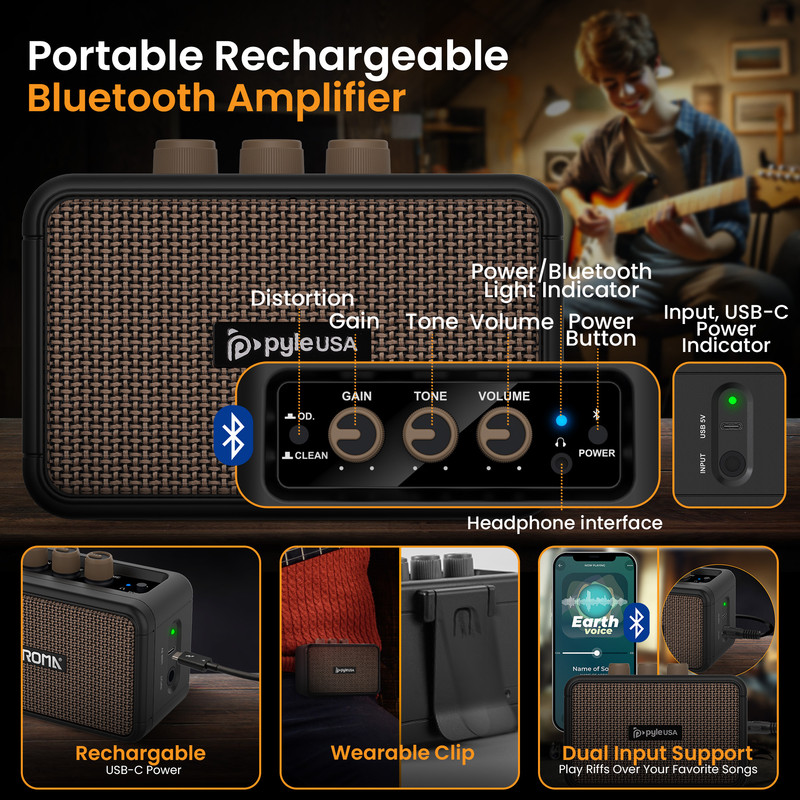 Tragbarer, wiederaufladbarer Bluetooth-Verstärker mit Bedienelementen, Eingängen und Gitarrenspieler im Hintergrund.