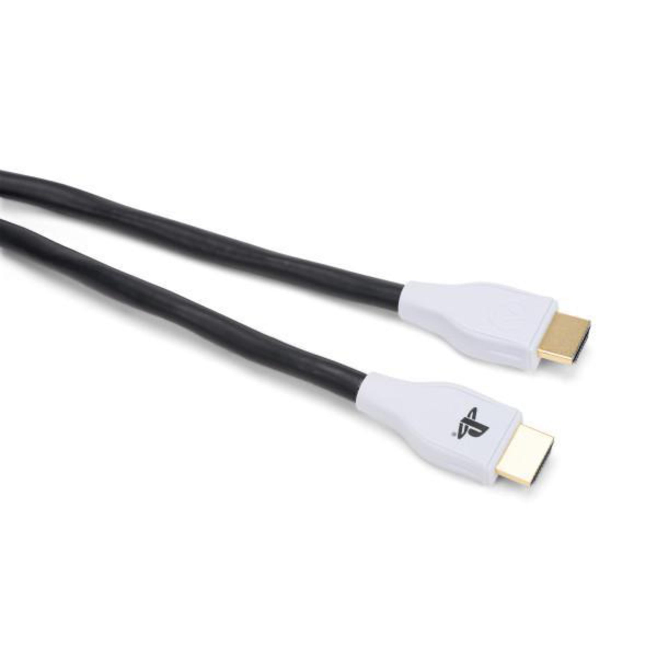 Ein schwarzes HDMI-Kabel mit weißen Anschlüssen und dem PlayStation-Logo.