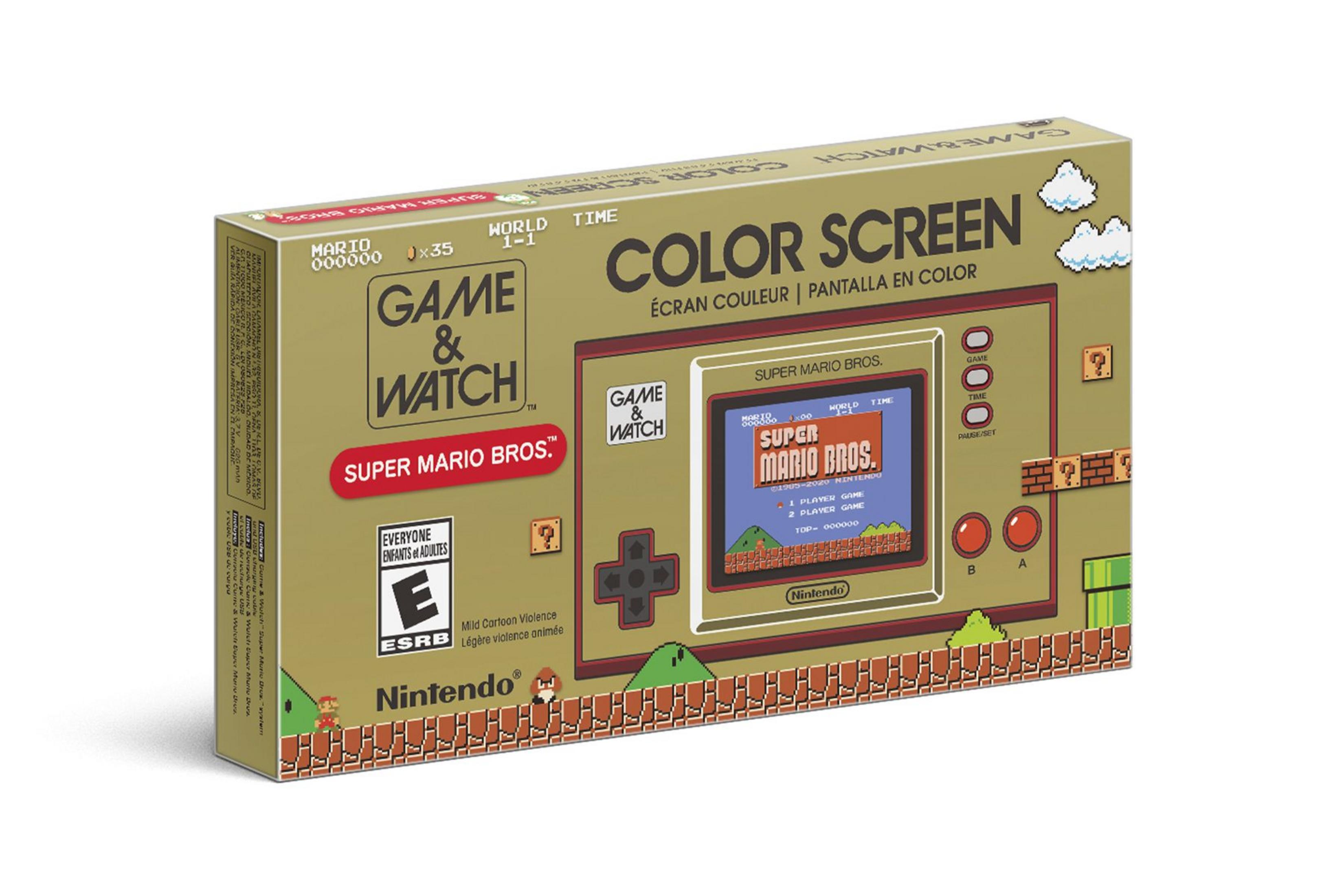 De doos toont een Nintendo Game & Watch met Super Mario Bros.