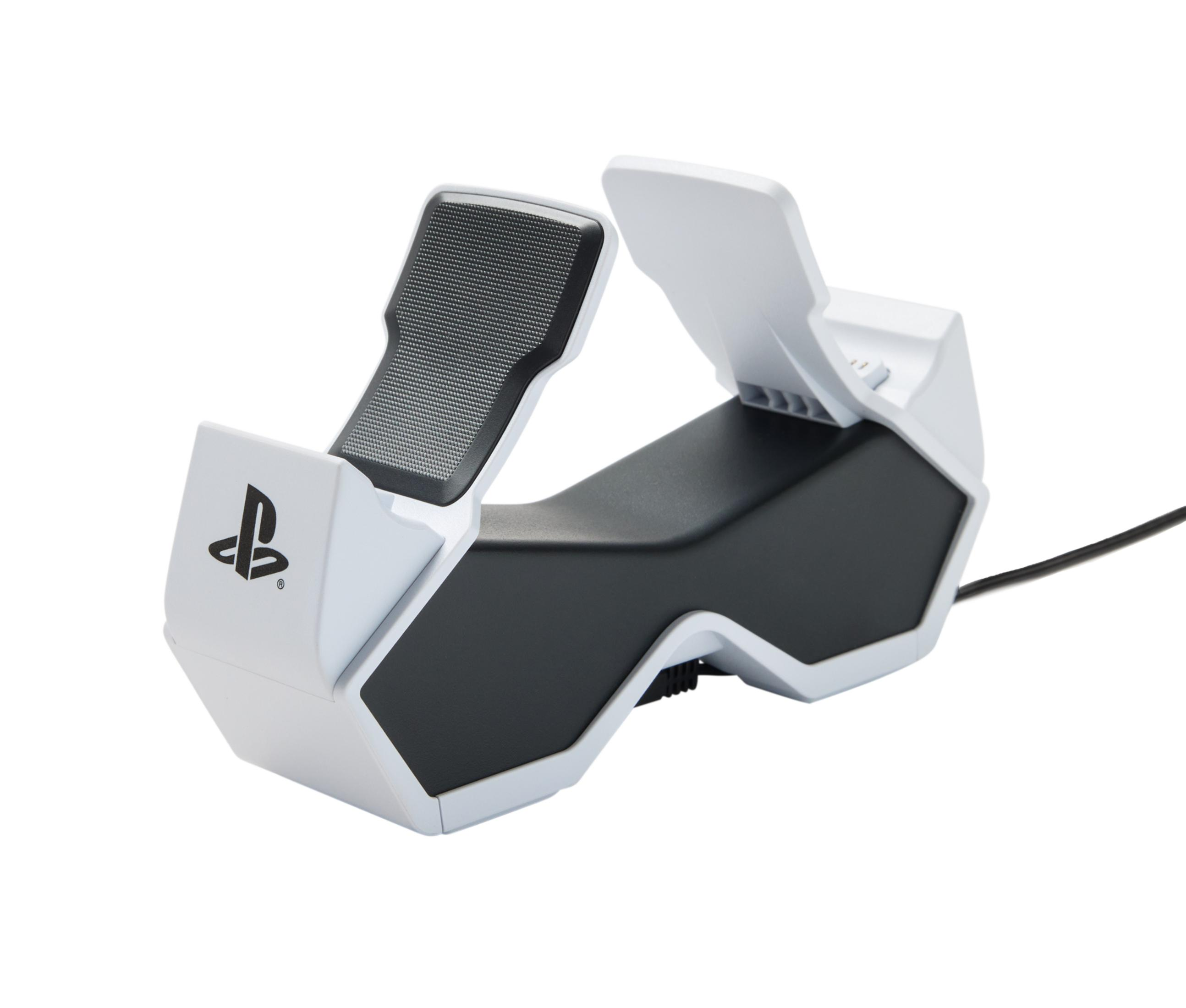 Una estación de carga blanca PlayStation VR2 con zonas texturizadas negras y logo PS.