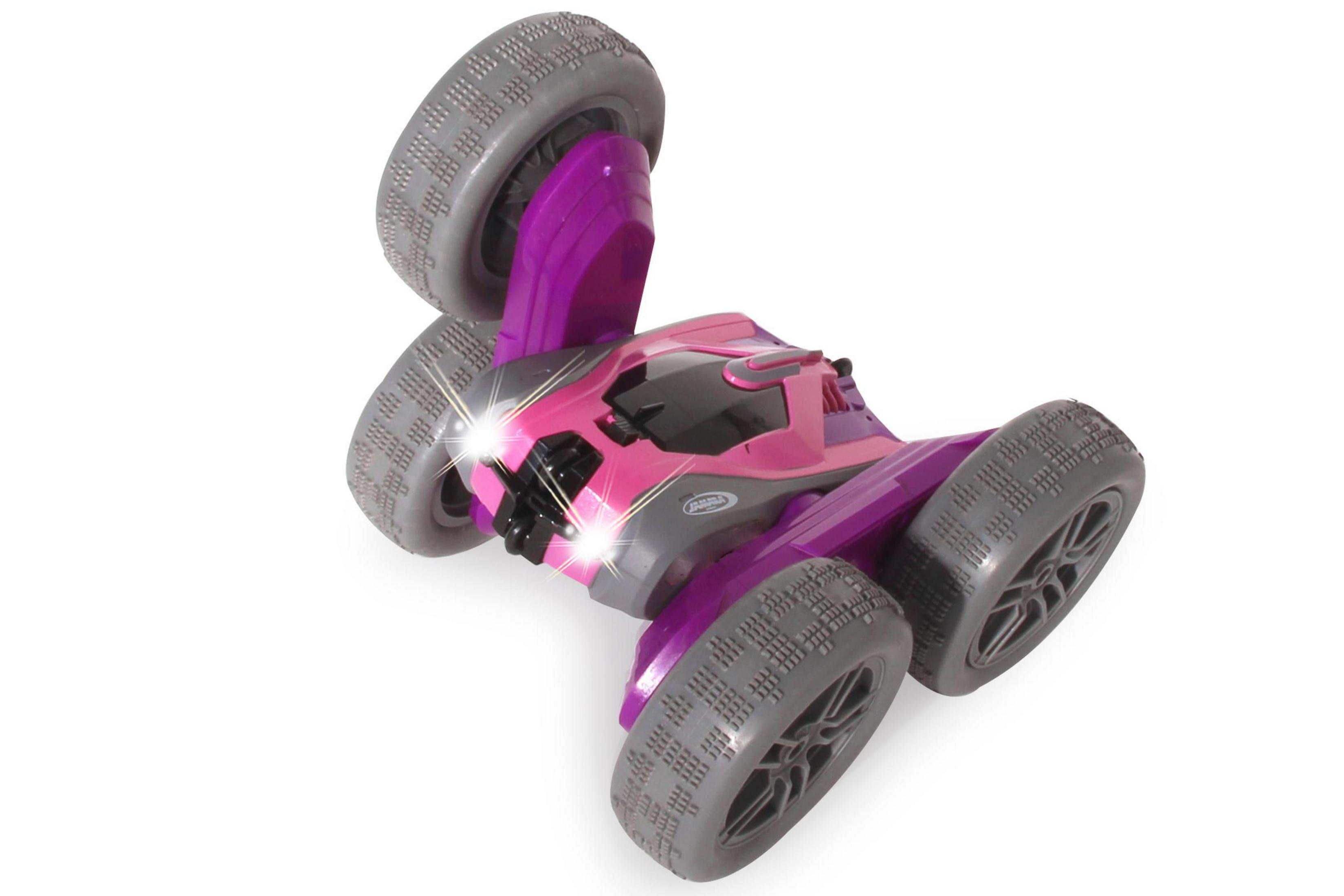 Ein pink-graues ferngesteuertes Auto mit großen Reifen und leuchtenden Scheinwerfern.