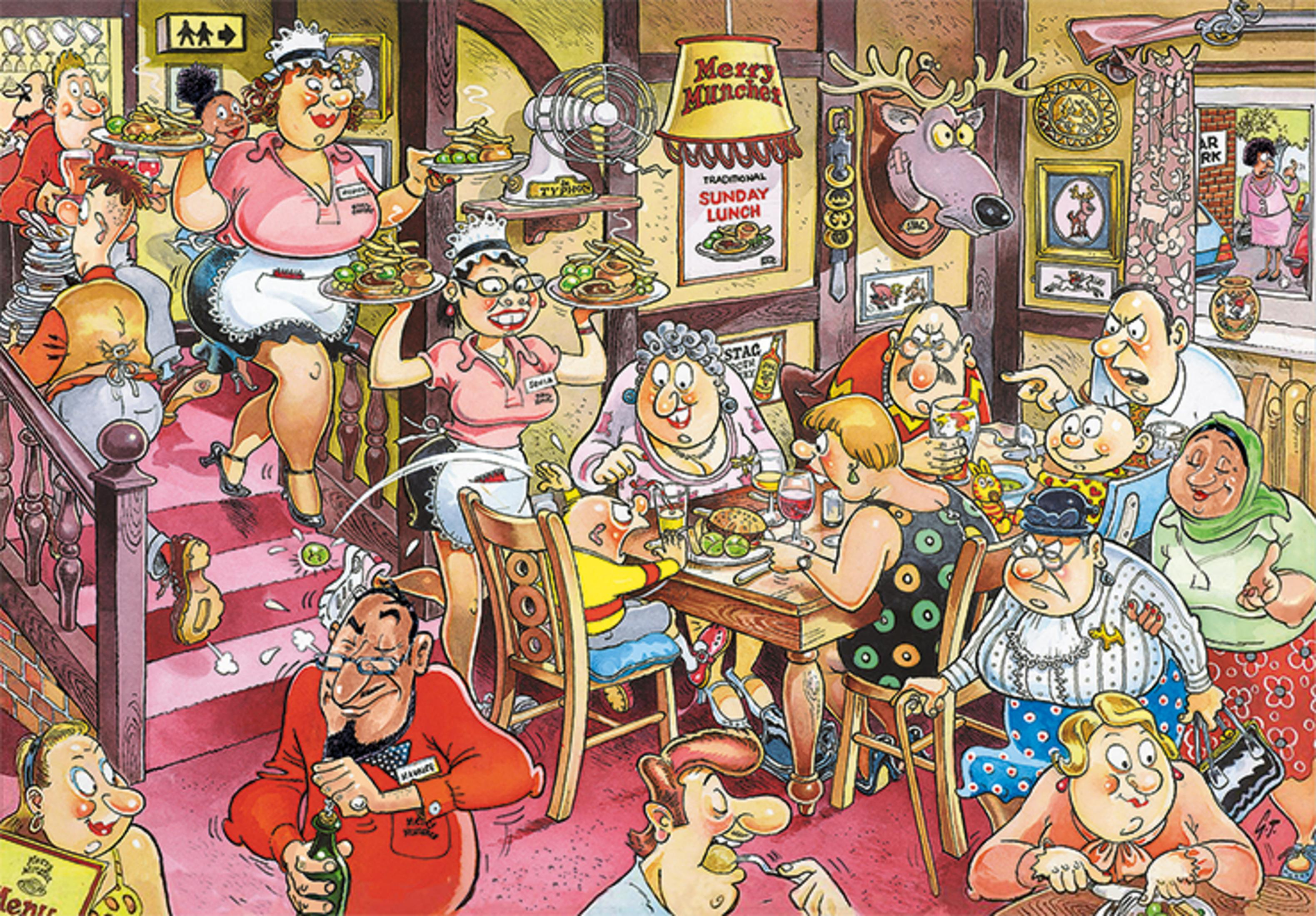 Karikatur einer belebten Taverne mit Gästen, die essen und trinken, und Kellnern, die Essen servieren.