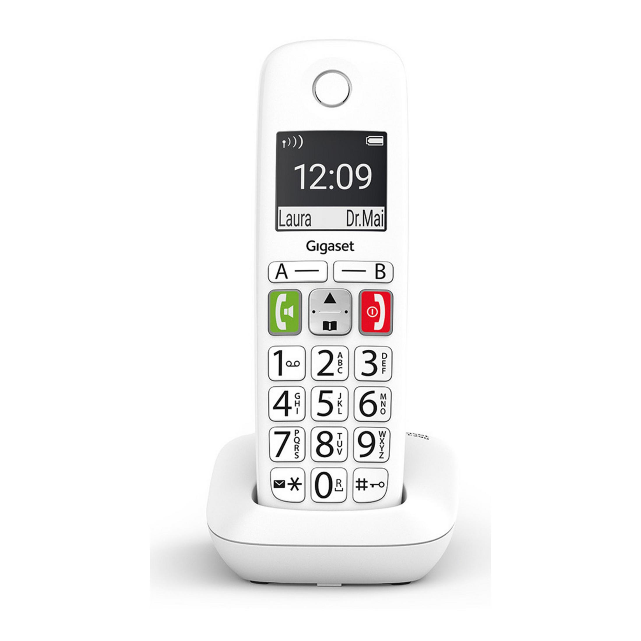 Un telefono cordless bianco con display retroilluminato che mostra le 12:09.