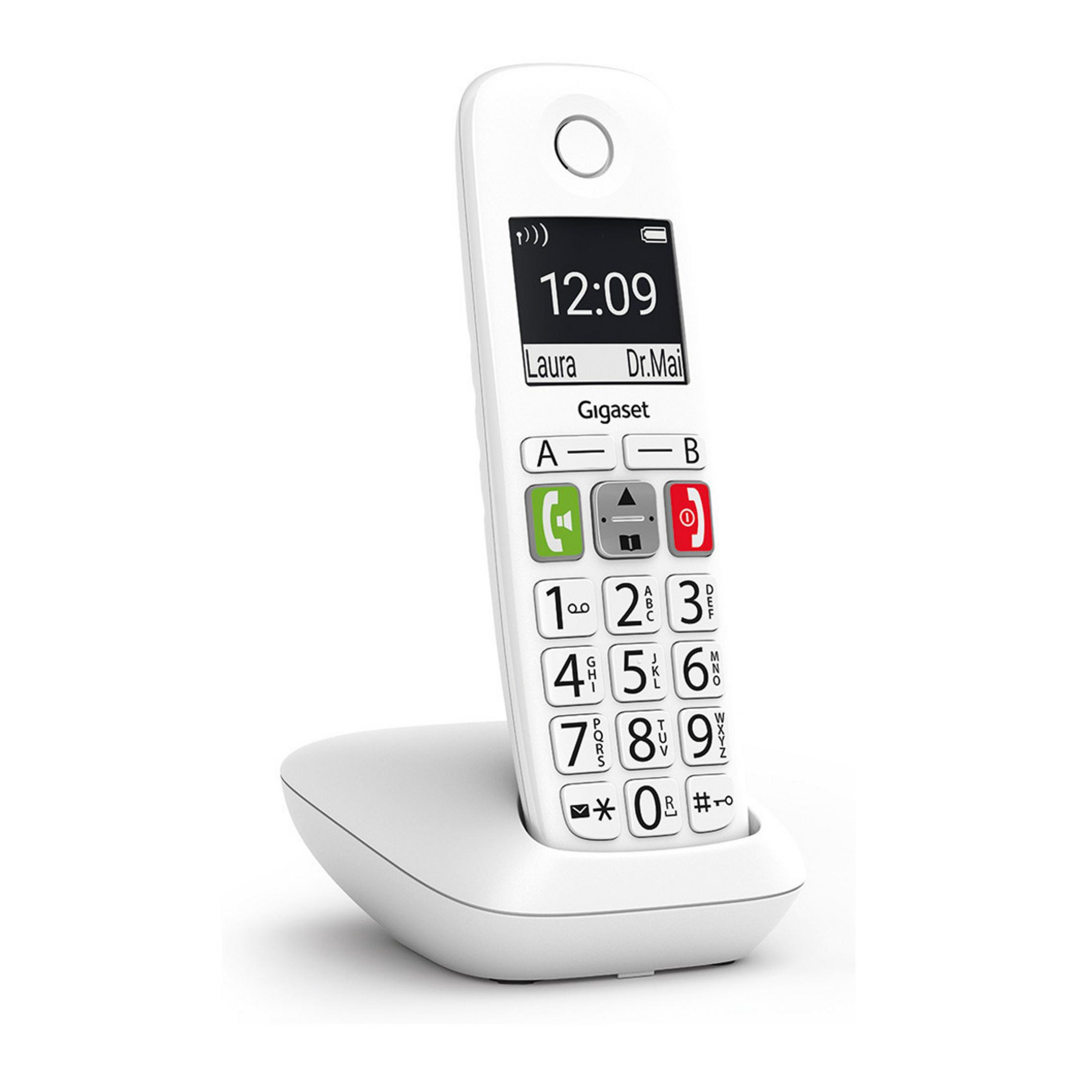 Un telefono cordless bianco poggia sulla sua base di ricarica. Viene visualizzata l'ora 12:09.
