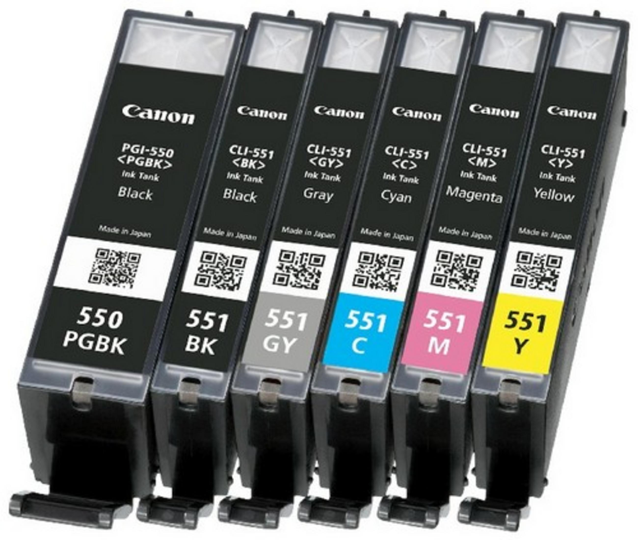 Sei cartucce d'inchiostro Canon nere, grigie, ciano, magenta e gialle allineate.