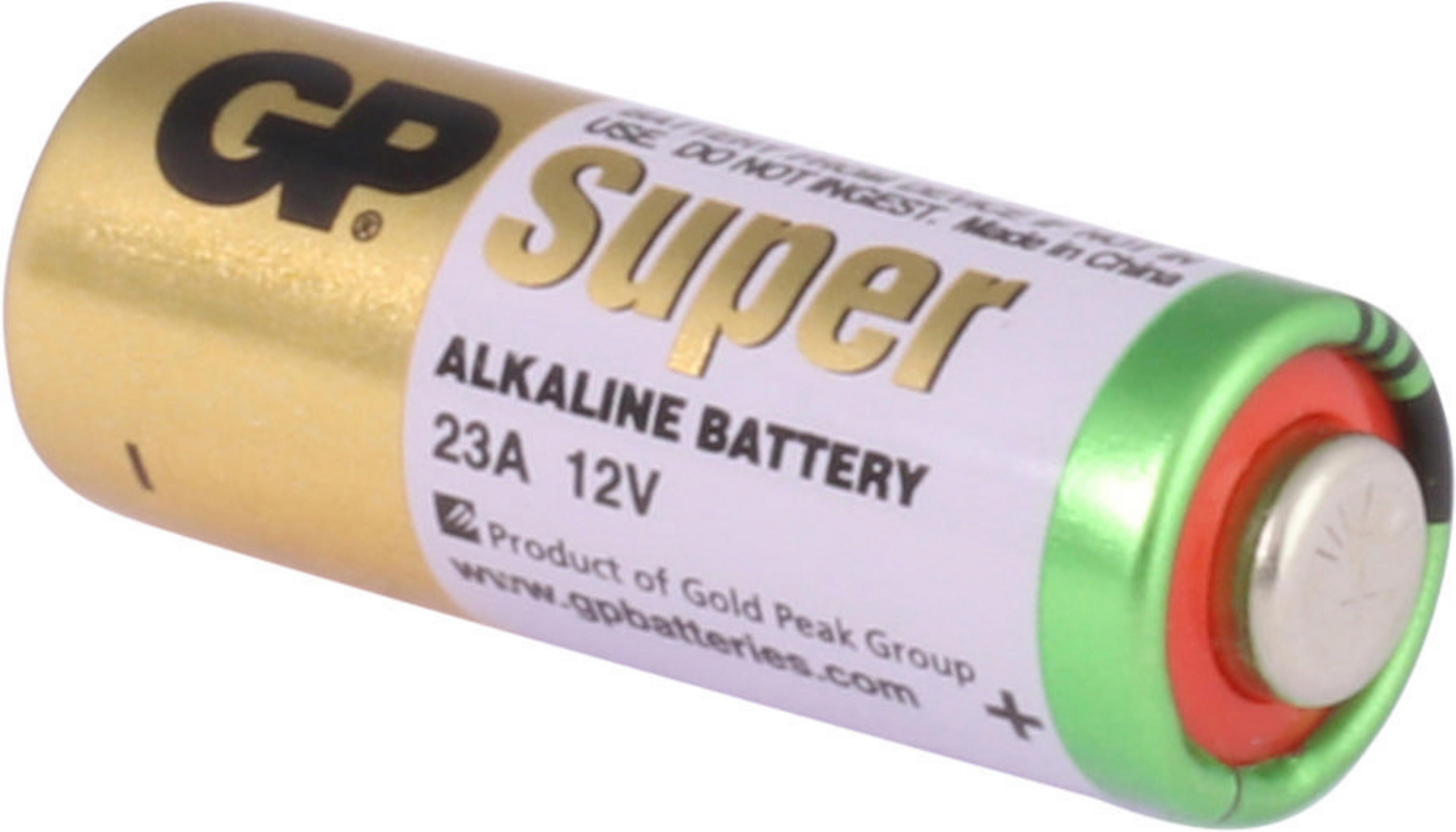 Una batteria alcalina GP Super 23A 12V dorata con etichetta bianca e accenti verdi.