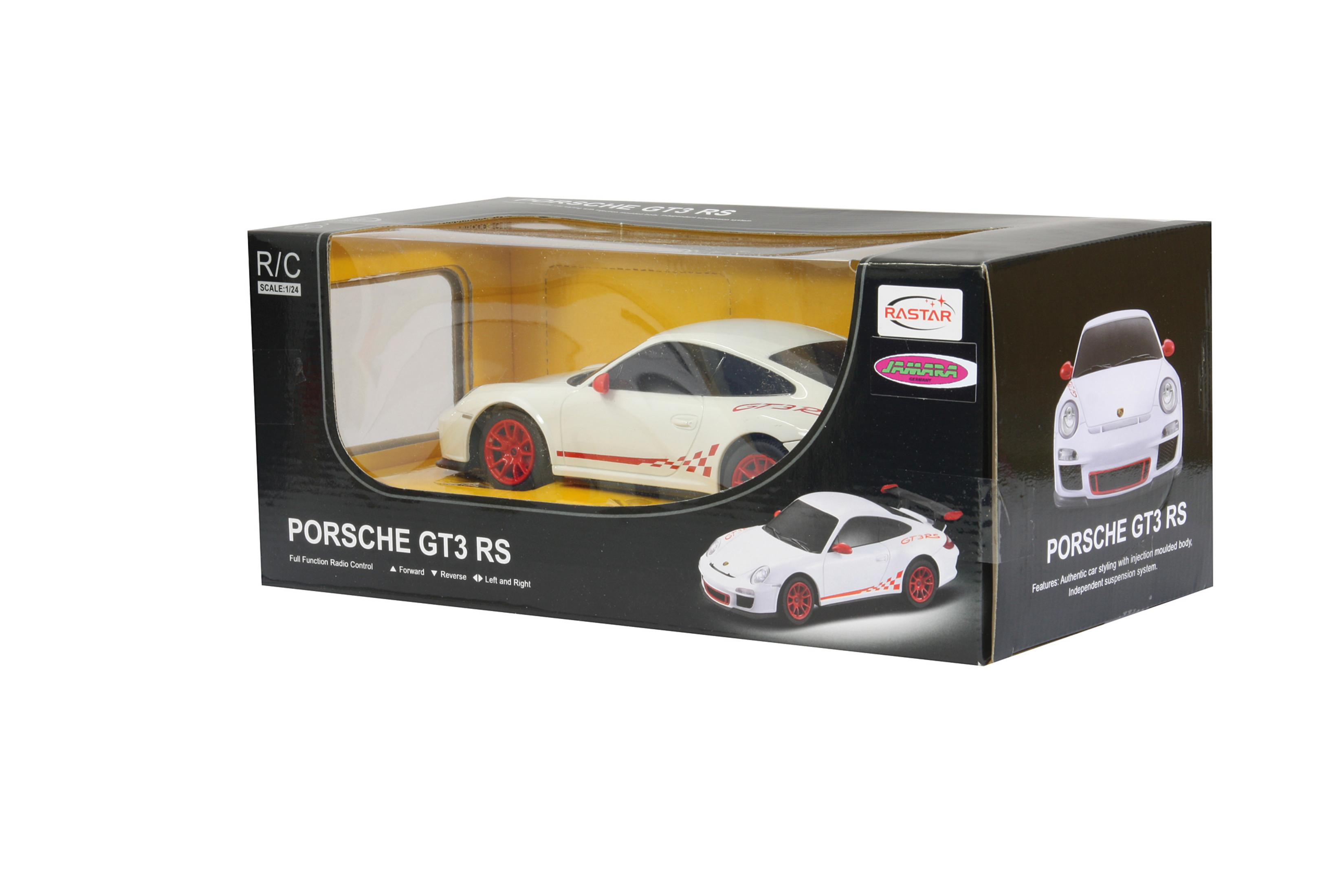 Weiße Rastar Porsche GT3 RS ferngesteuerte Auto-Verpackung mit roten Akzenten.