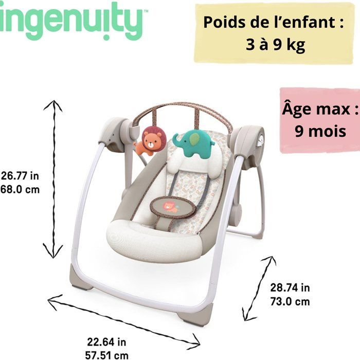 Mecedora para bebé con juguetes, dimensiones y límites de peso.
