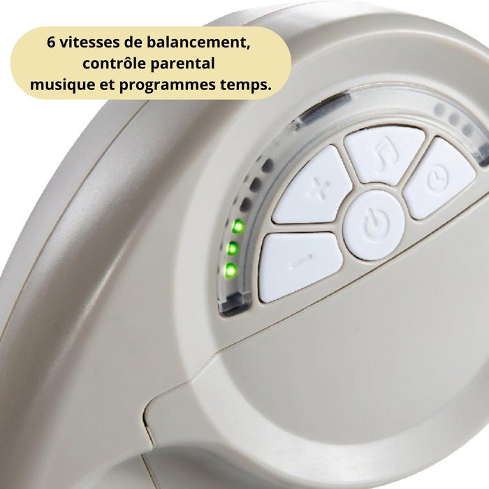 Panel de control con botones de volumen, música, temporizador y encendido.