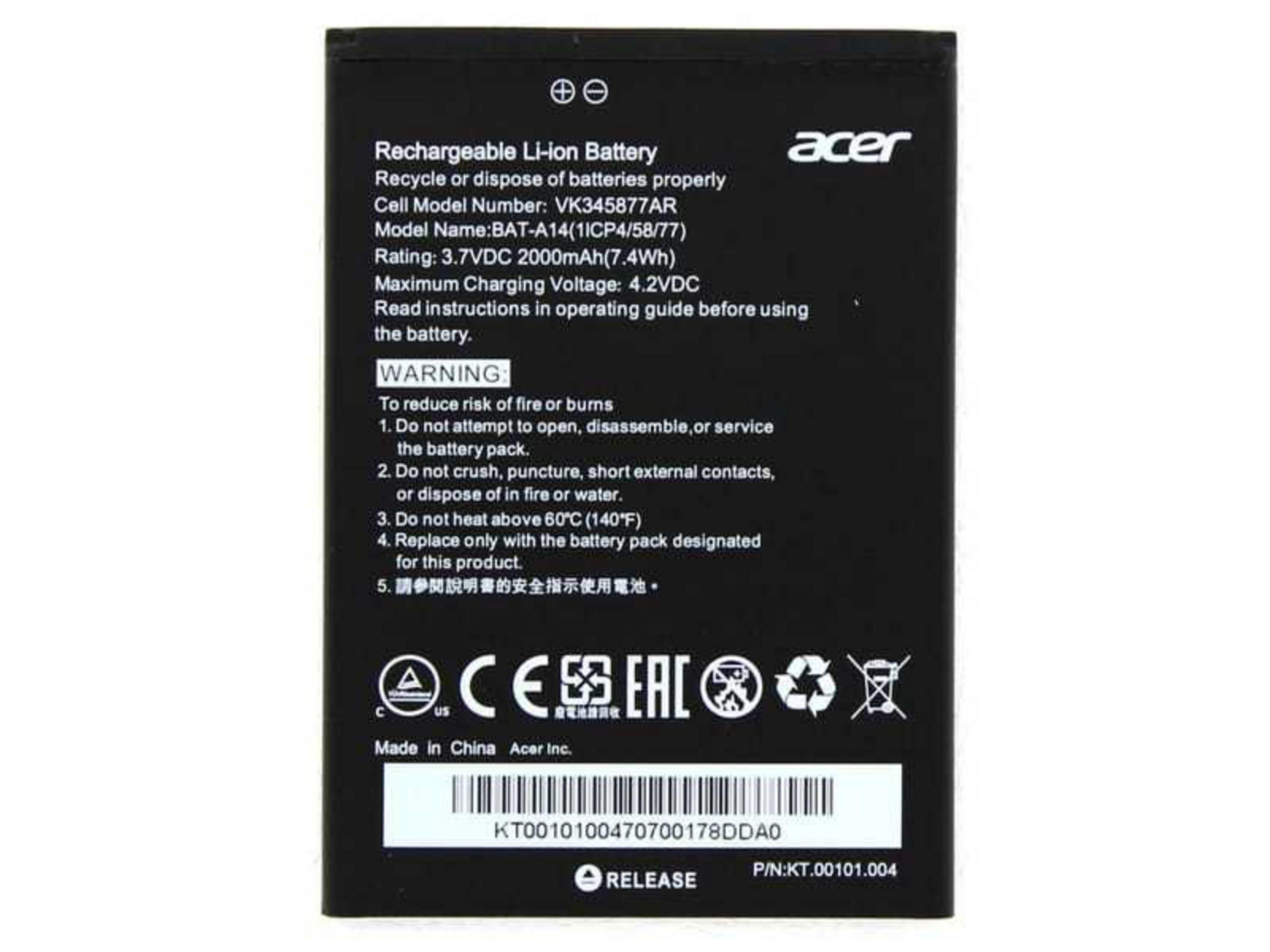 Schwarzer Acer Li-ion Akku mit Modell- und Warnhinweisen. Enthält CE- und EAC-Logos.