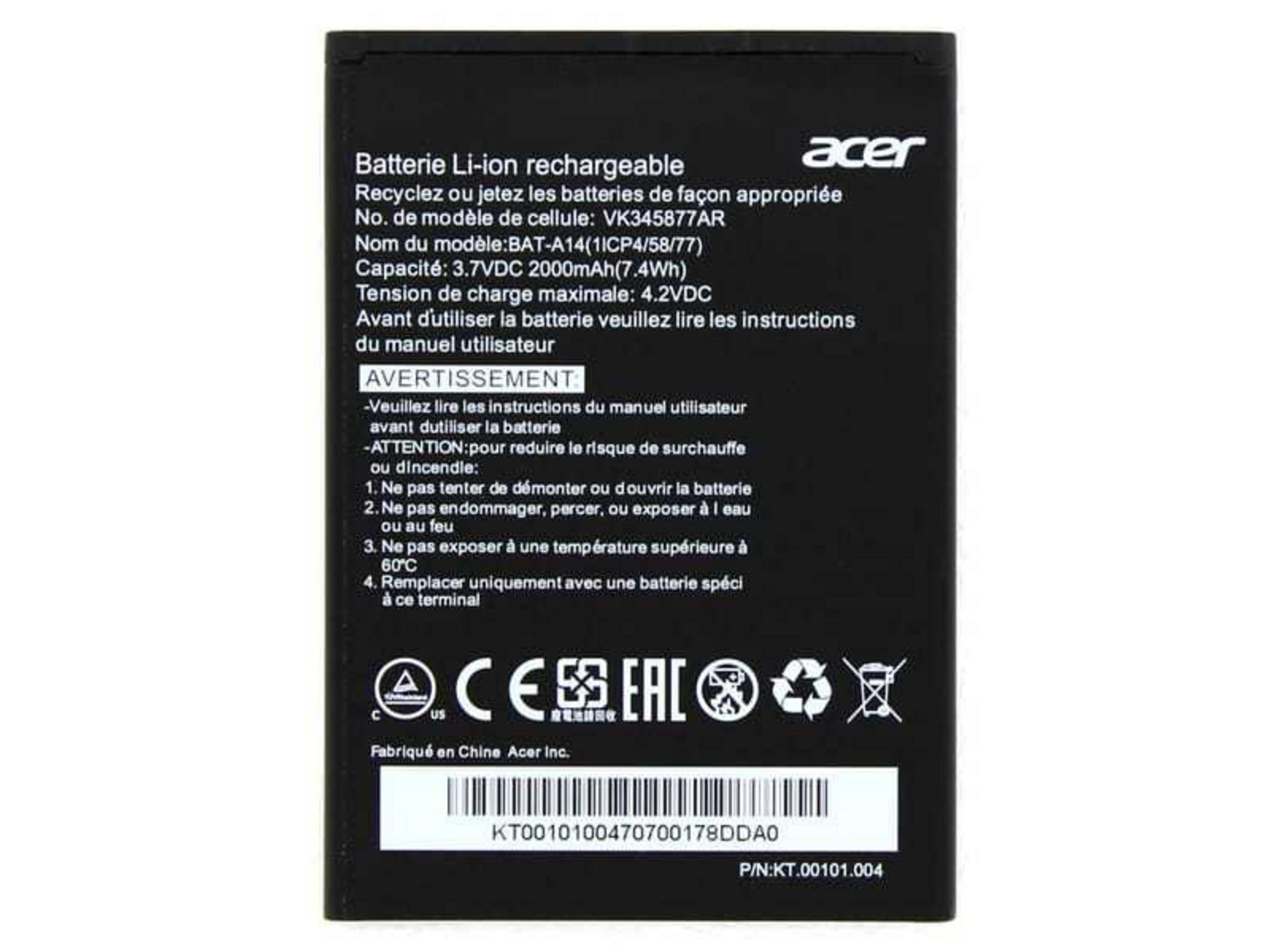 Schwarzer Acer Akku mit technischen Details und Warnhinweisen.