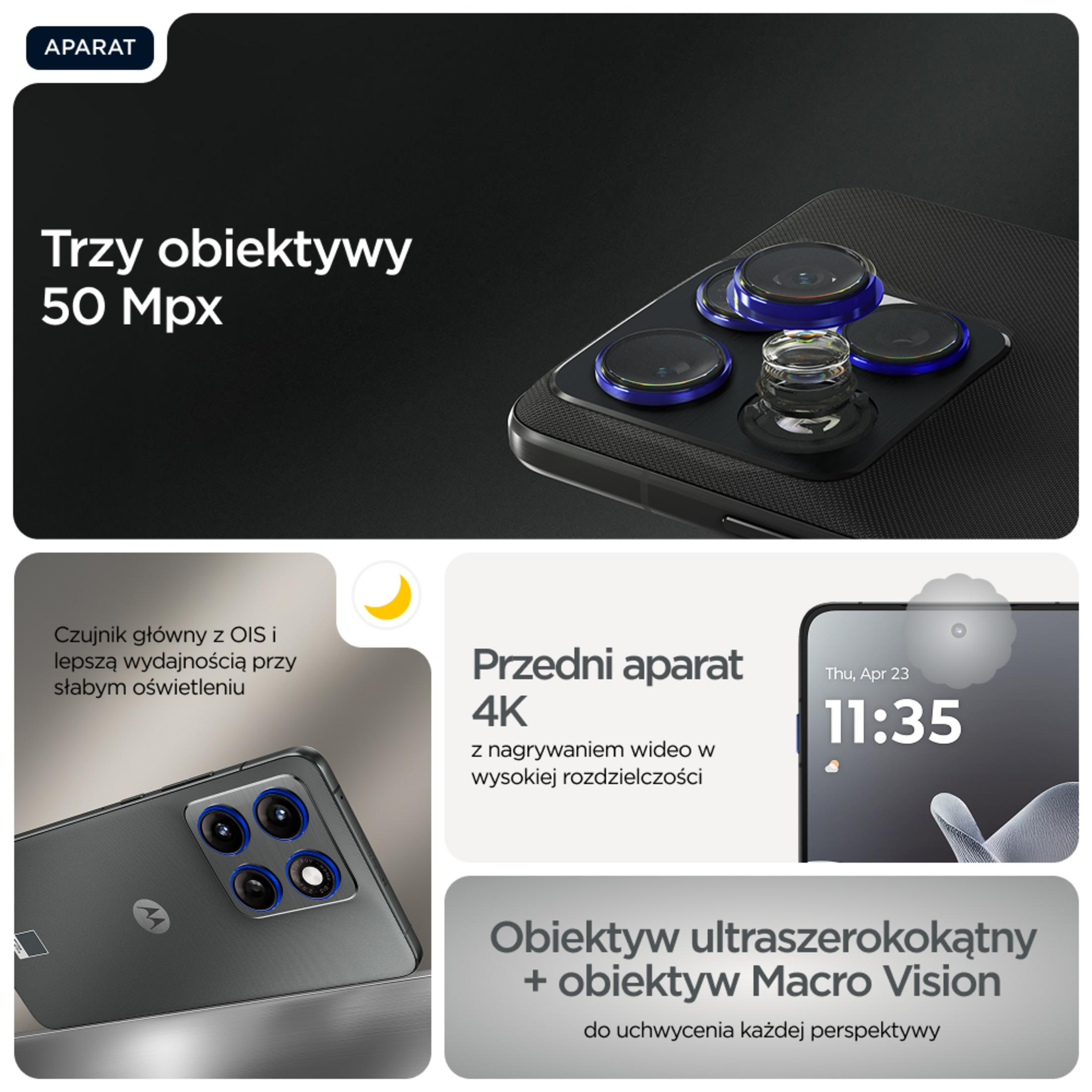 Fotocamera smartphone con tre obiettivi da 50 MP, fotocamera frontale 4K e obiettivo ultra-grandangolare/macro.