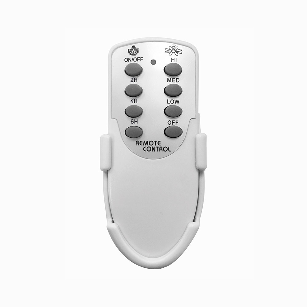 Telecomando bianco con pulsanti grigi per velocità ventola e funzioni timer.