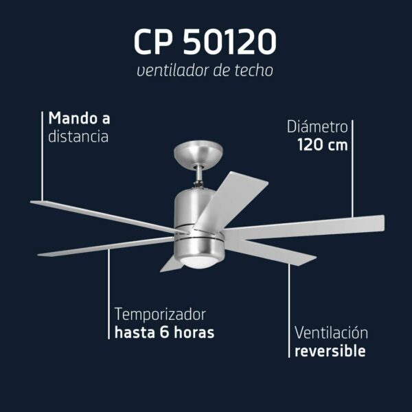 Ventilatore da soffitto CP 50120 con 5 pale argentate, telecomando, diametro 120cm.