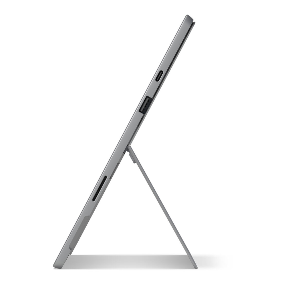Szary tablet z podpórką, widok z boku.