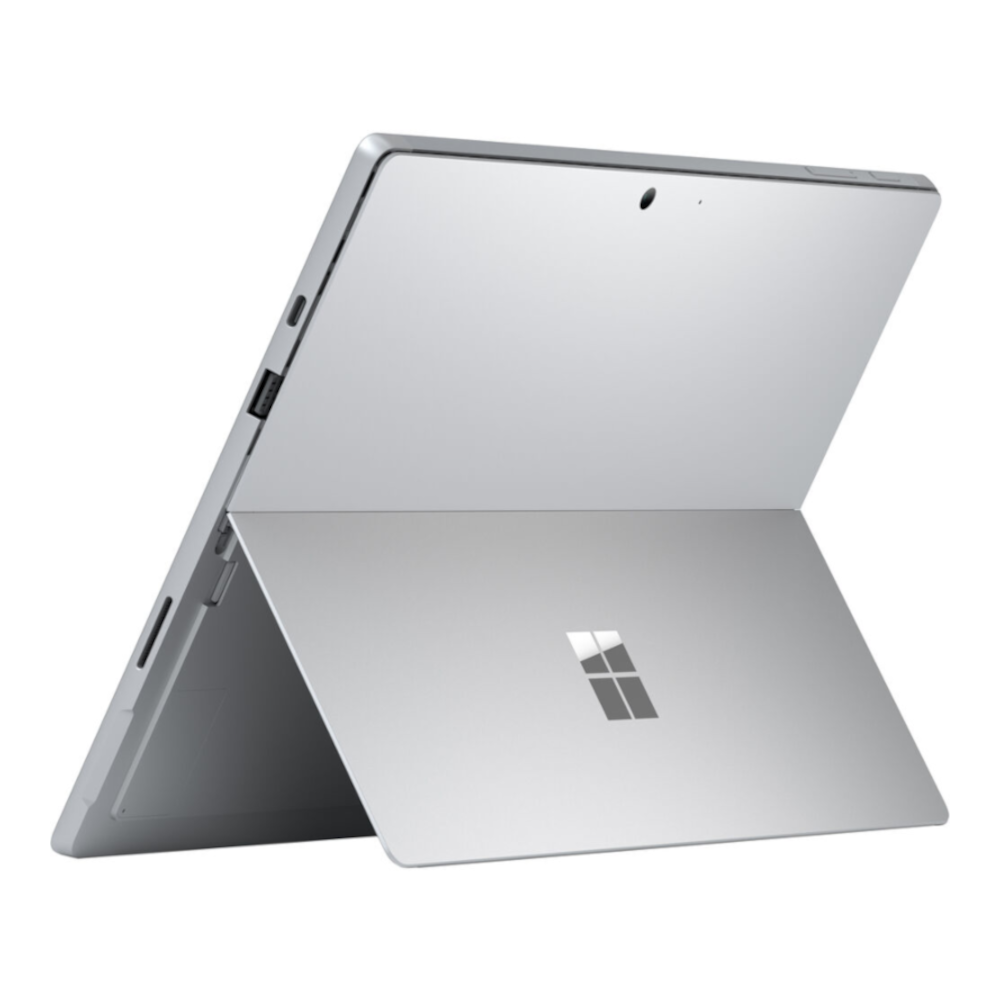 Srebrny tablet Surface z rozłożoną podstawką i logo Windows.