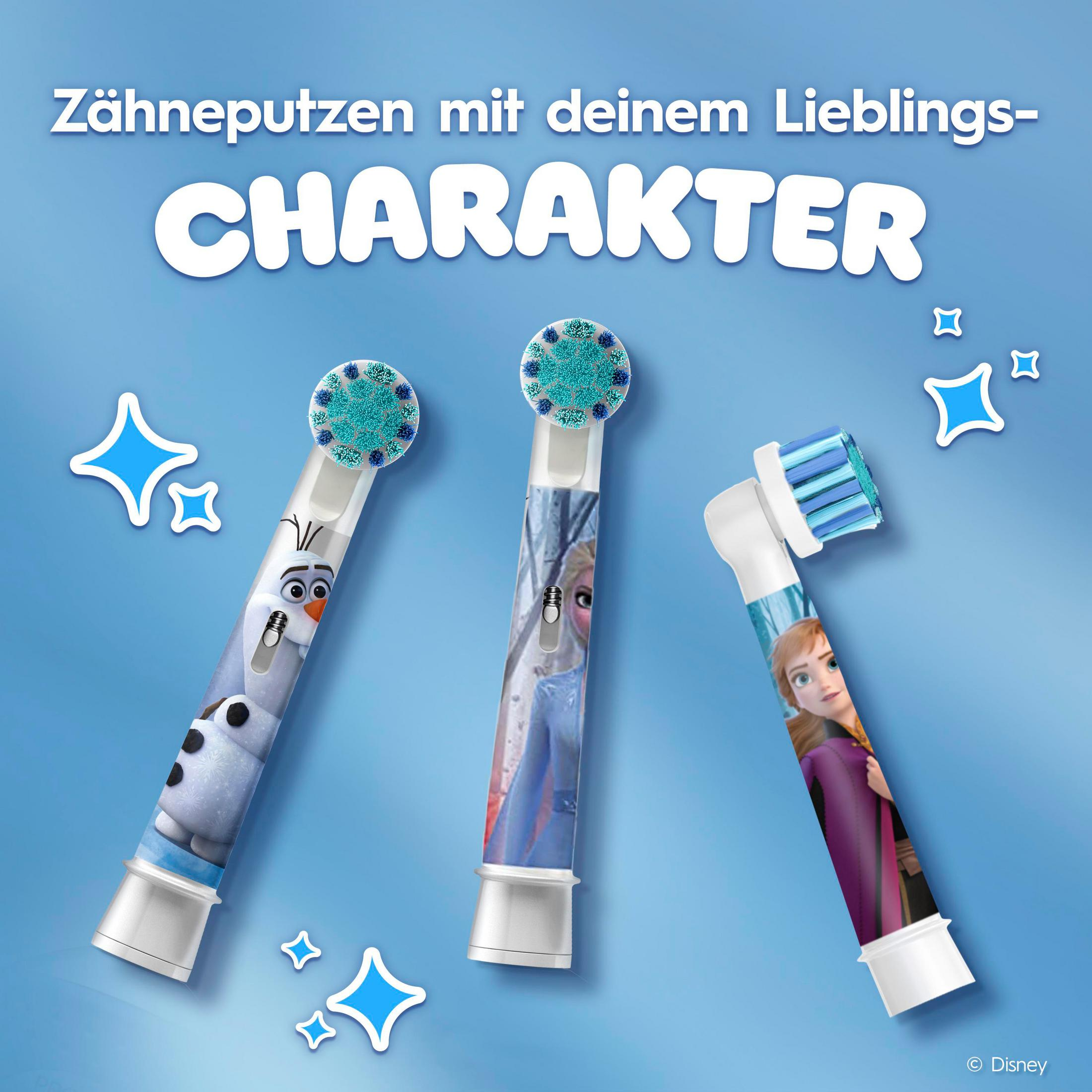 Tre testine di spazzolino con personaggi Disney: Olaf, Elsa e Anna su sfondo blu.