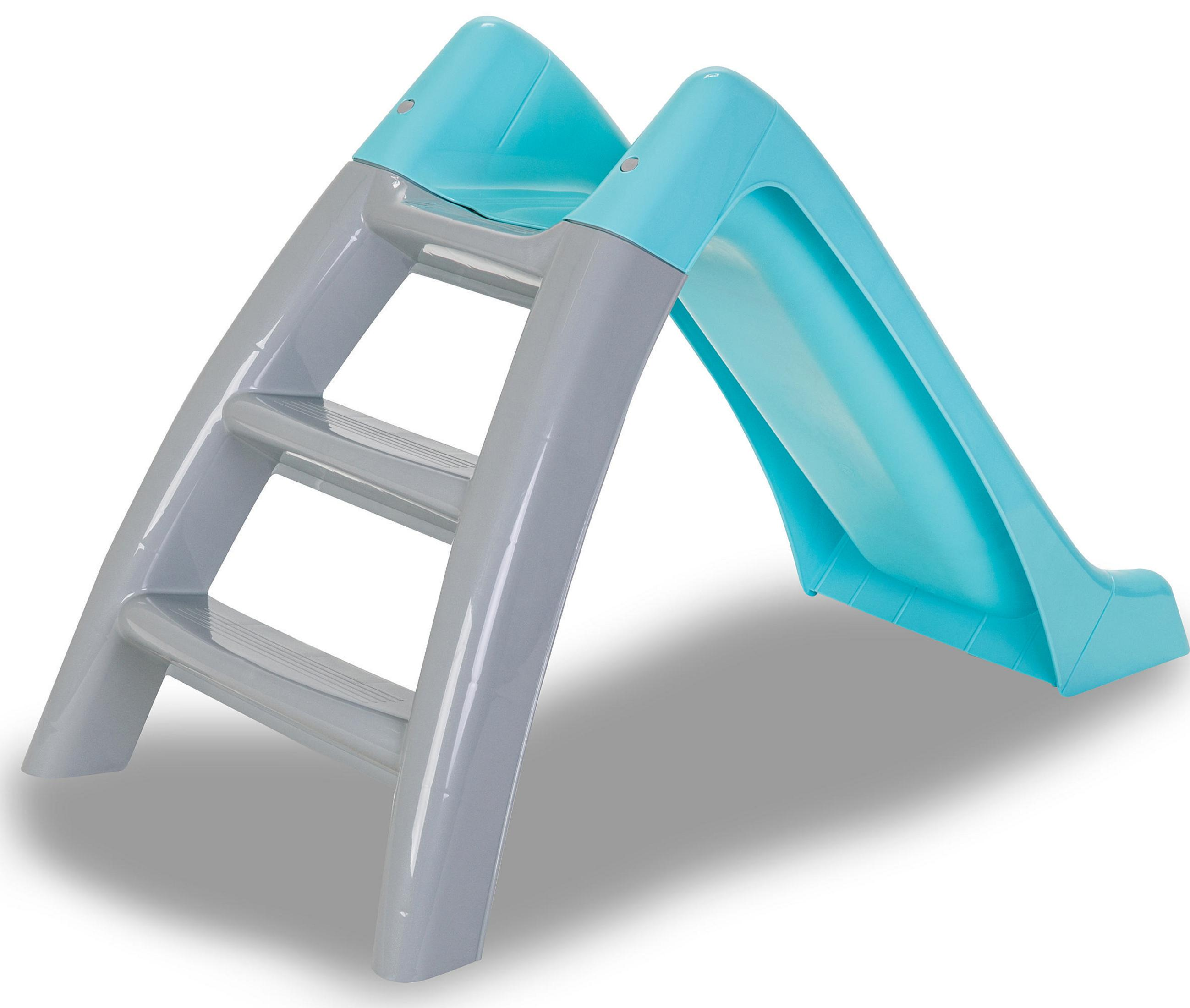 Uno scivolo per bambini grigio e turchese con gradini.