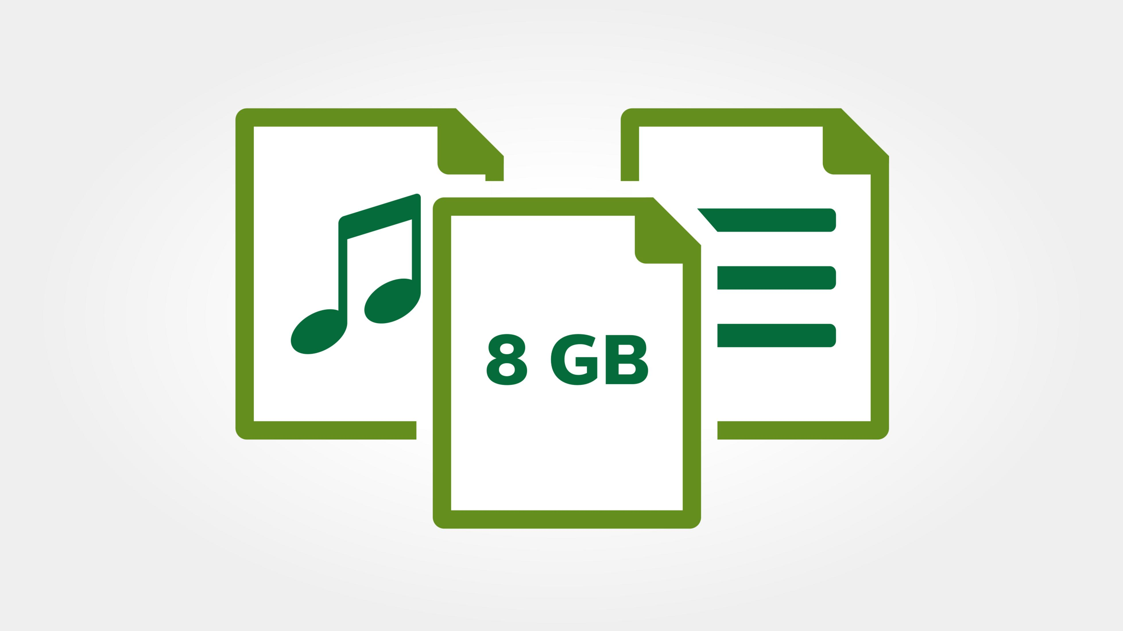 Tre icone verdi: nota musicale, 8 GB e tre linee su sfondo bianco.