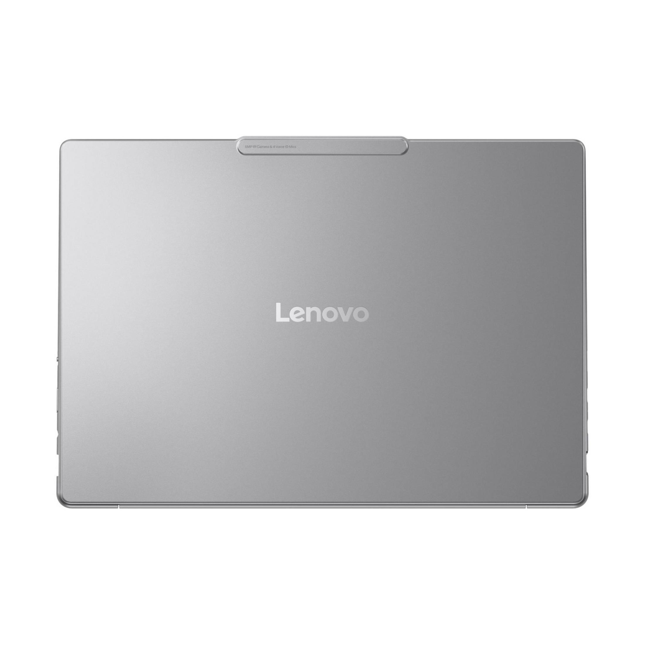 Tablet Lenovo argento con logo "Lenovo" e barra fotocamera/microfono.