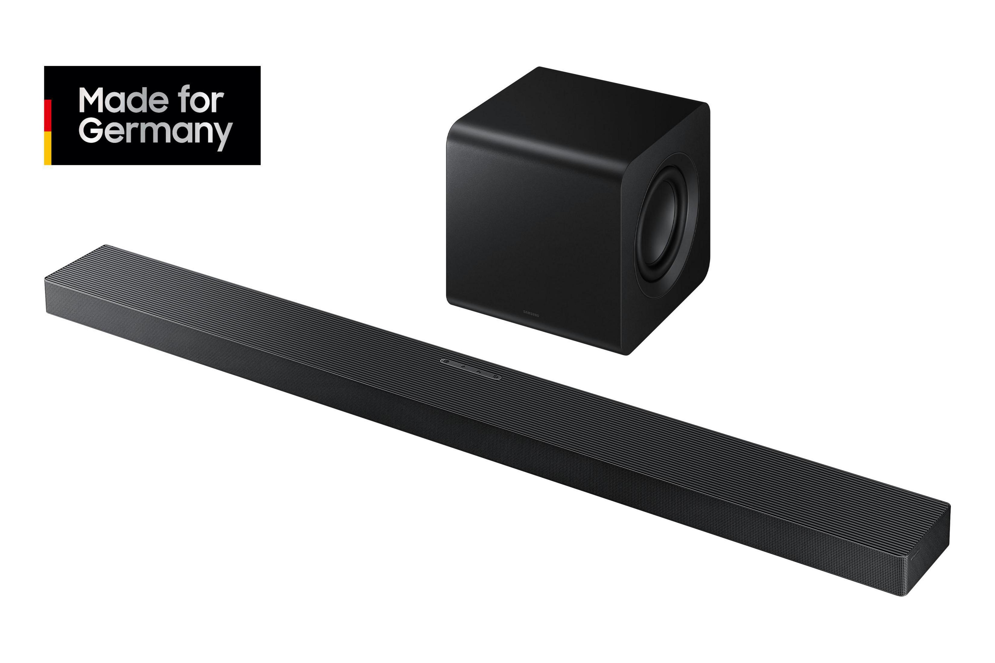 Schwarzer Soundbar und Subwoofer mit "Made for Germany" Logo.