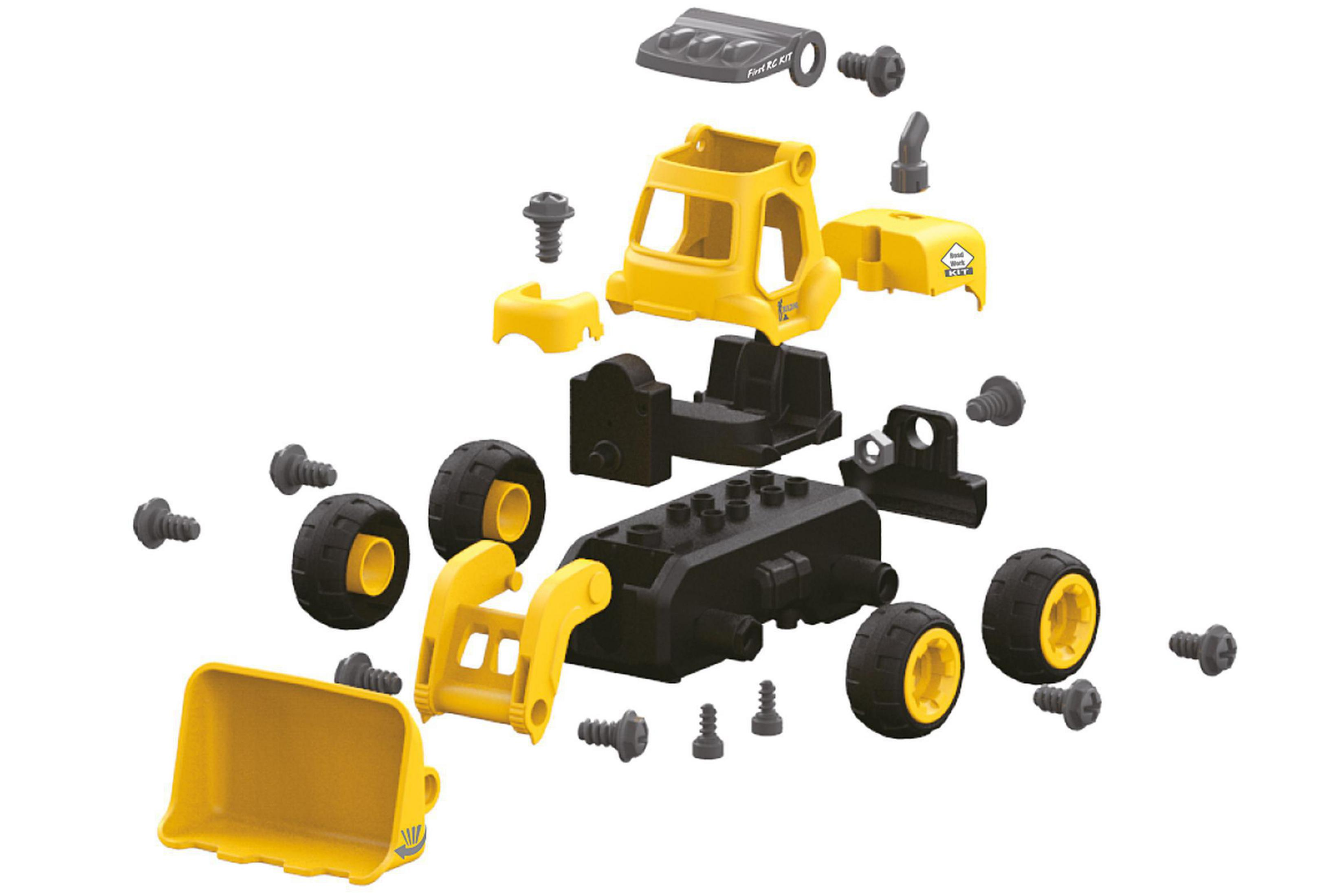 Baukasten eines Baggers mit gelber Kabine, schwarzem Chassis und Rädern.