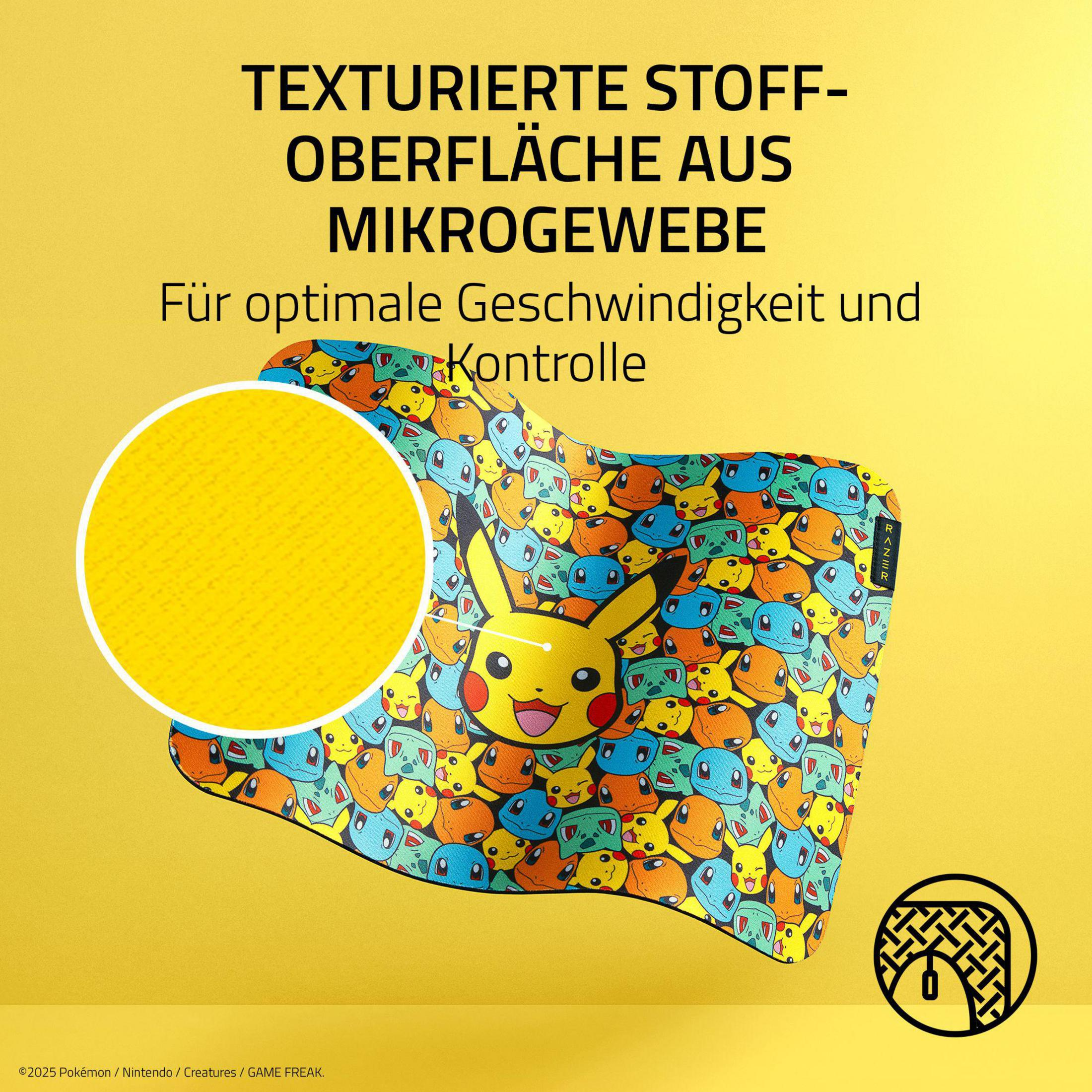 Superficie gialla con motivi Pokémon e testo.