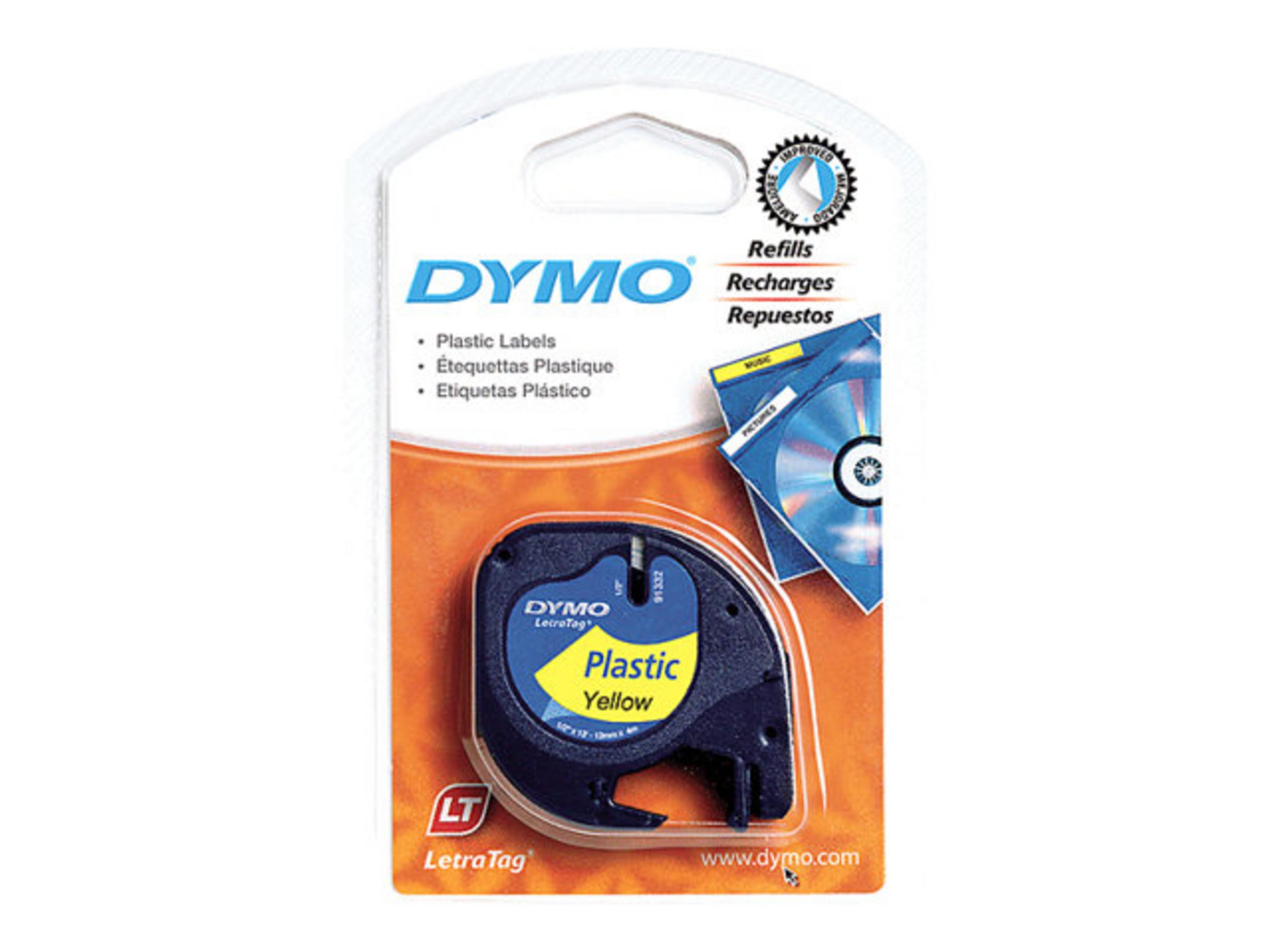 Verpackung mit DYMO LeTraTag gelber Kunststoffbandrolle und CD-Hüllen.