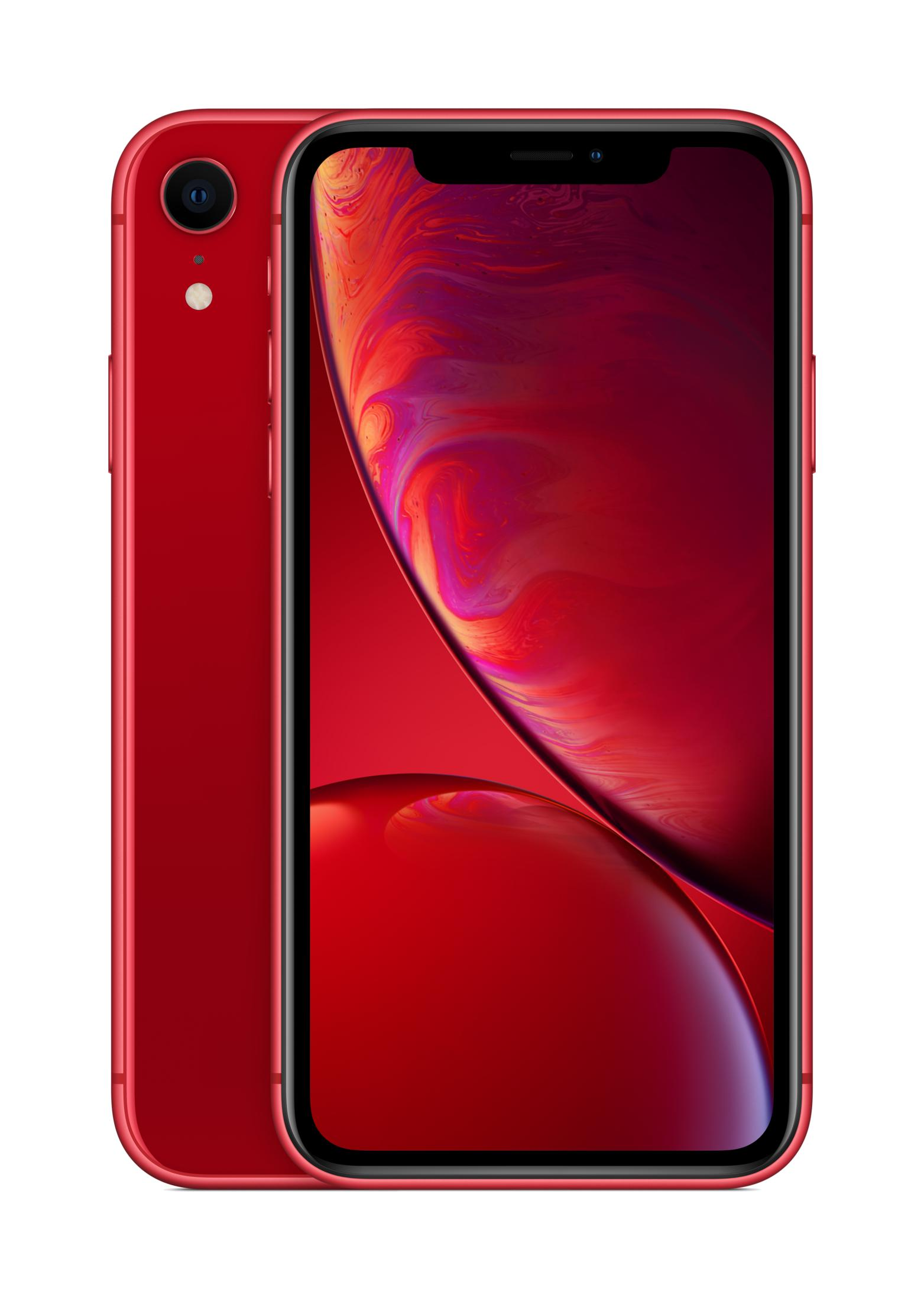 Un iPhone rosso con uno sfondo vorticoso sul suo schermo.