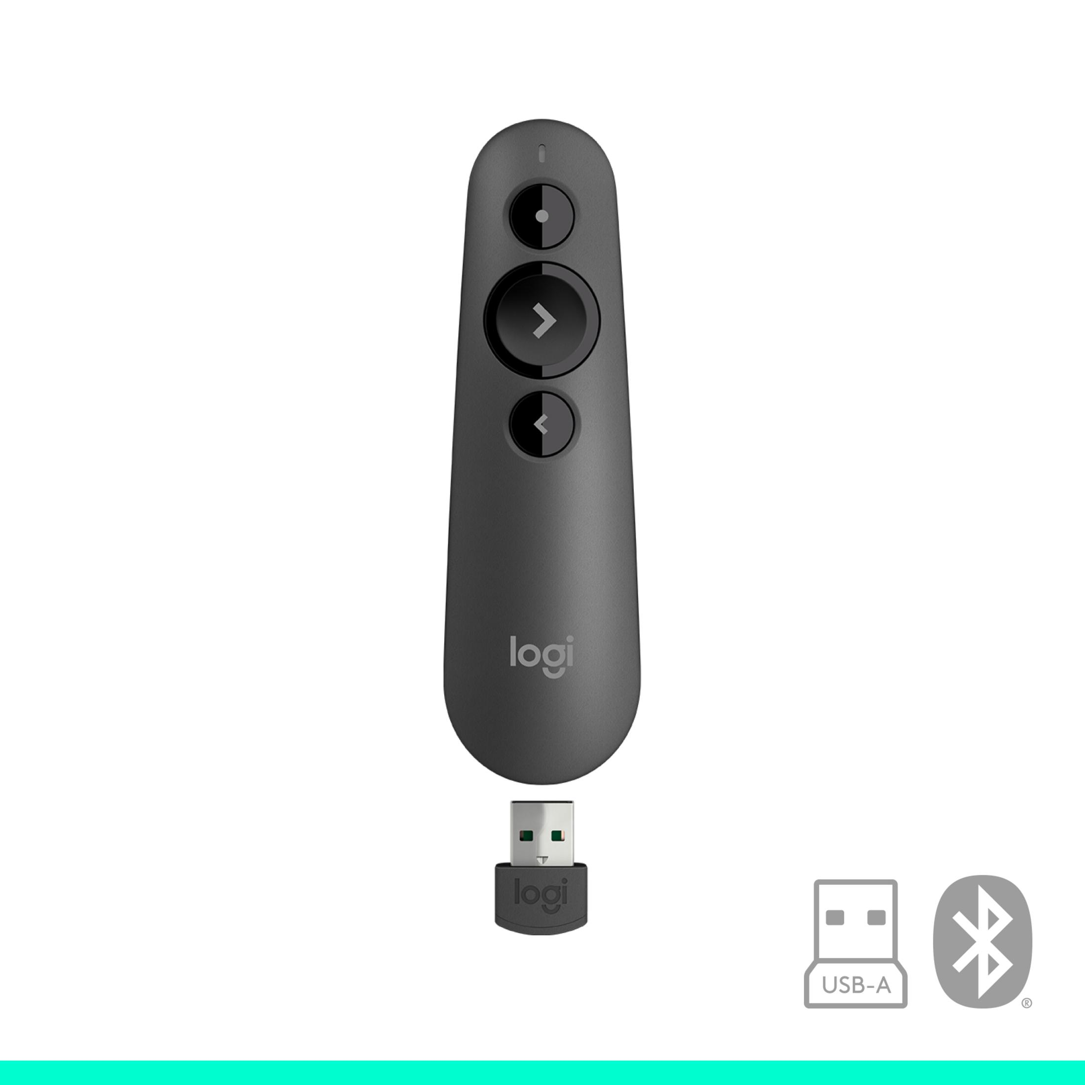 Un puntatore Logitech scuro con dongle USB-A e simbolo Bluetooth.