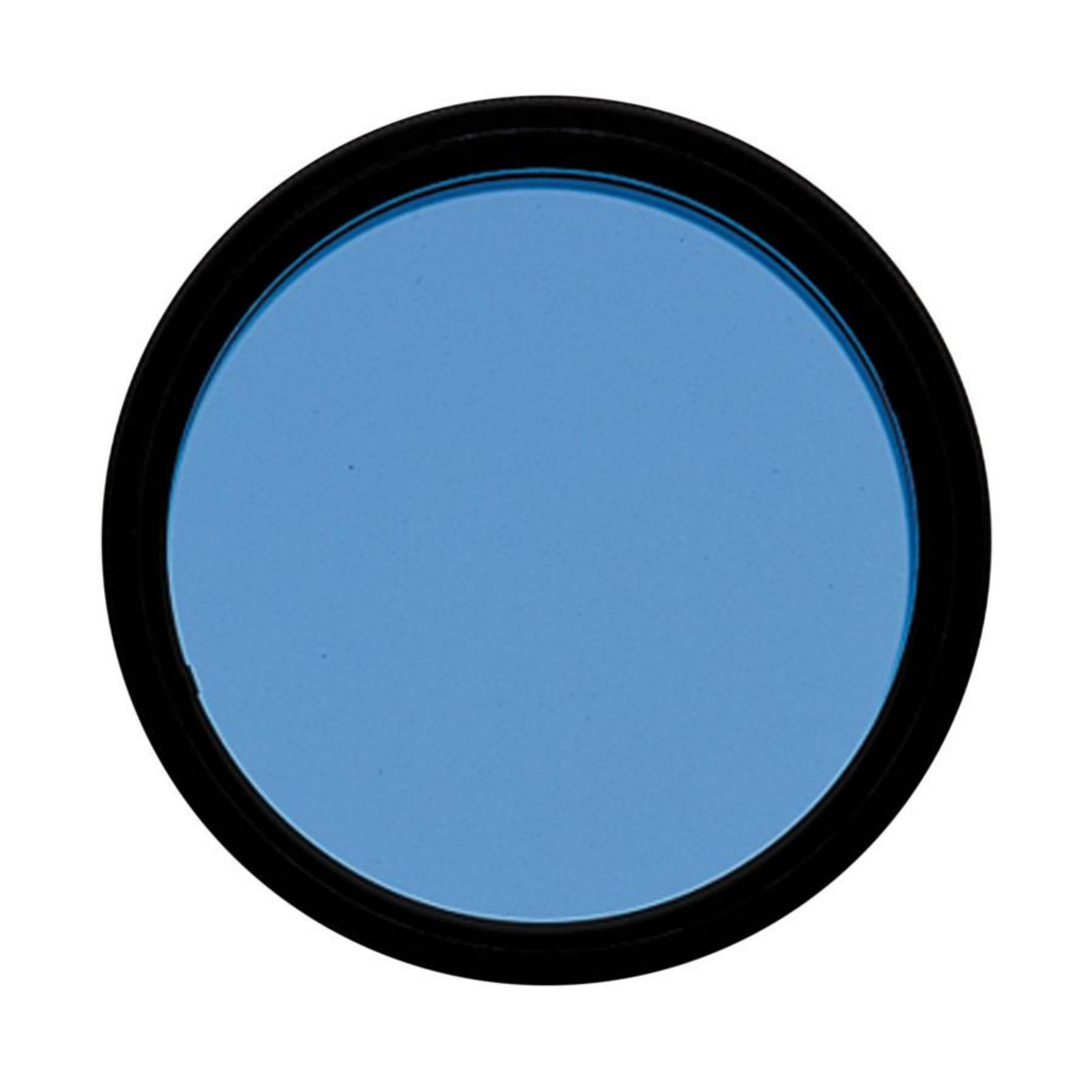 Un filtro azul circular con marco negro.