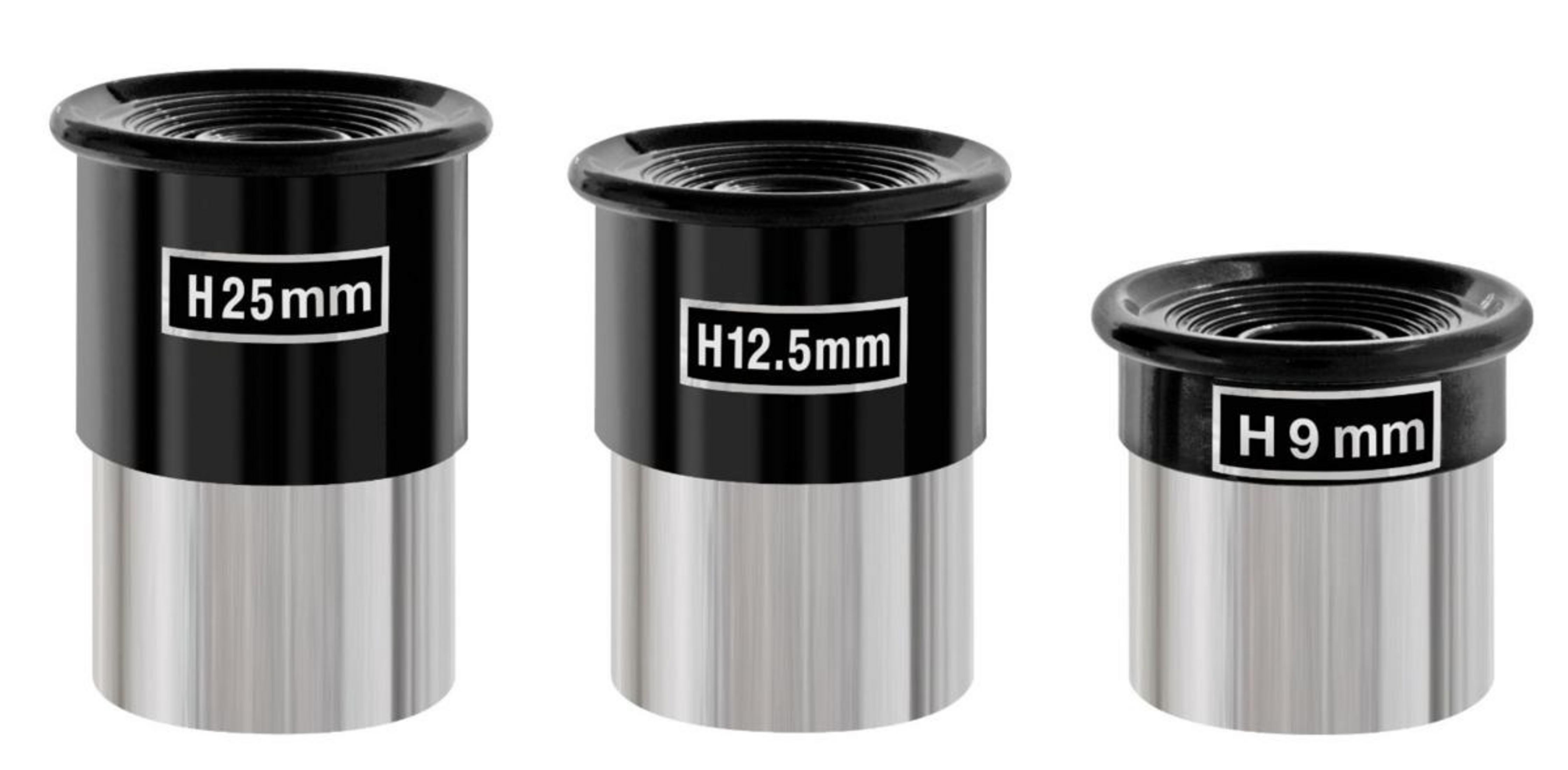 Tres oculares de telescopio: H25mm, H12.5mm, H9mm.