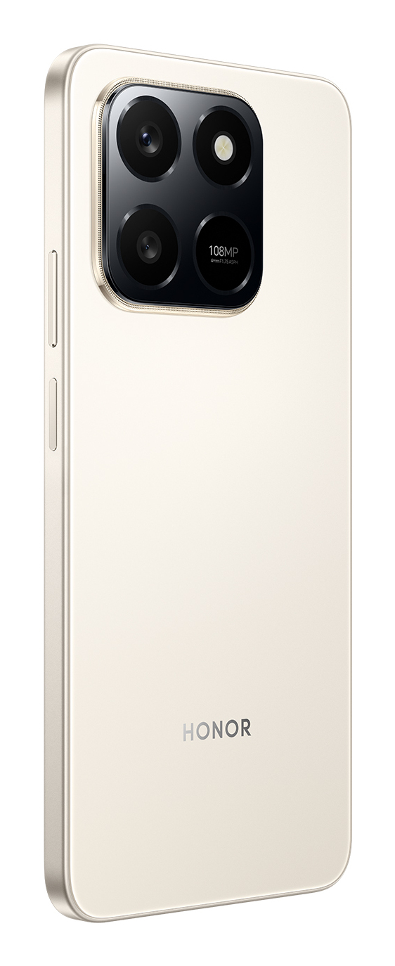 Un smartphone Honor beige claro con configuración de cuatro cámaras y marca de 108MP.