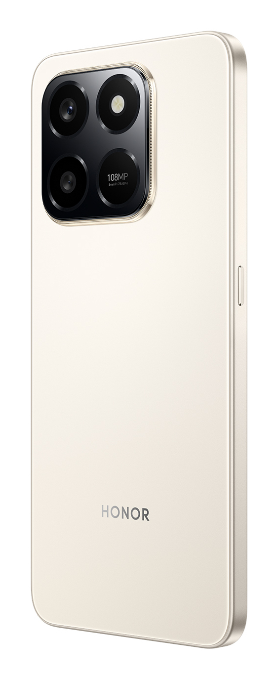 Un smartphone Honor de color claro con cámara cuádruple y logo de 108MP.