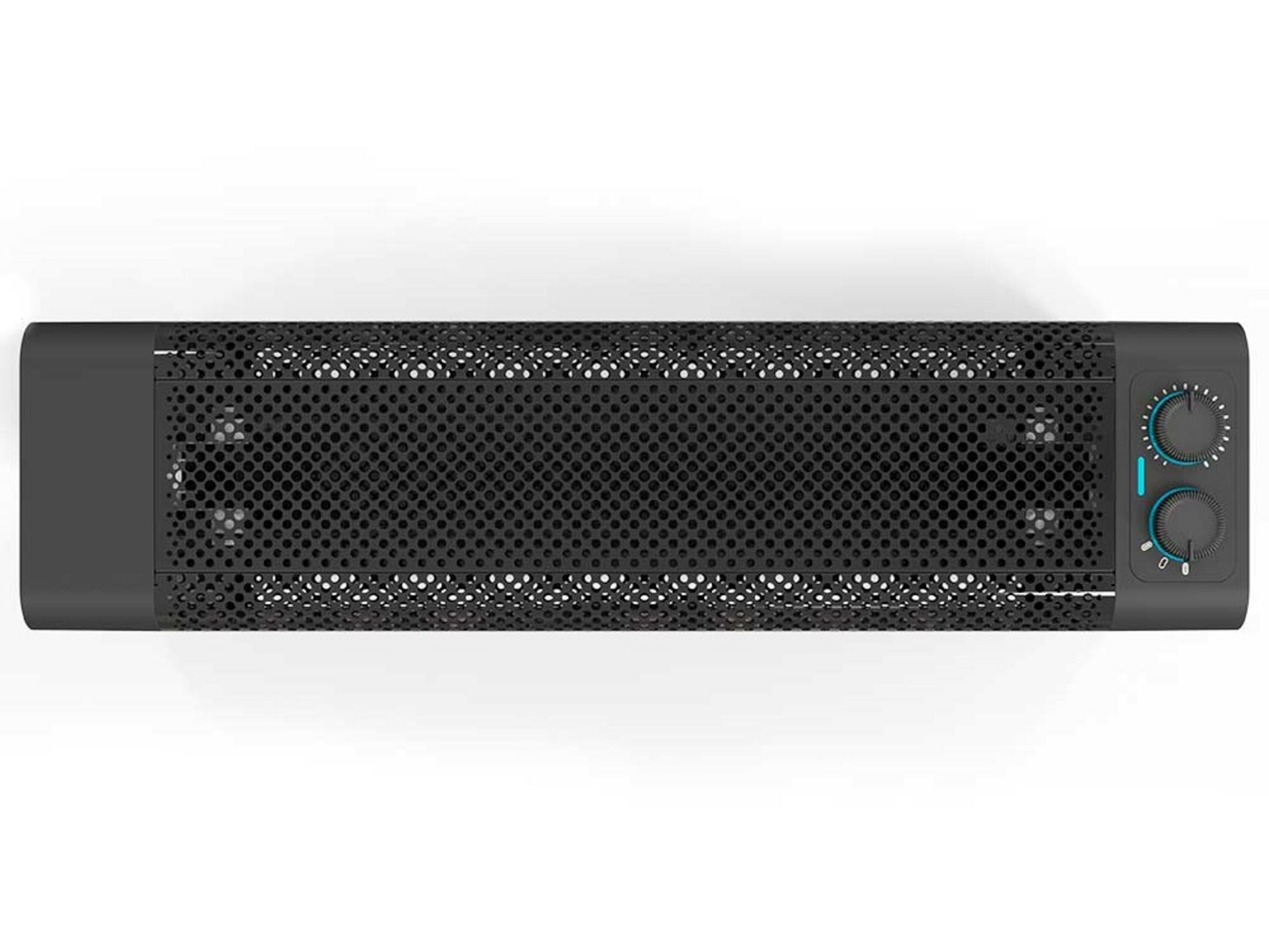 Purificatore d'aria nero con motivo perforato e manopole di controllo blu.