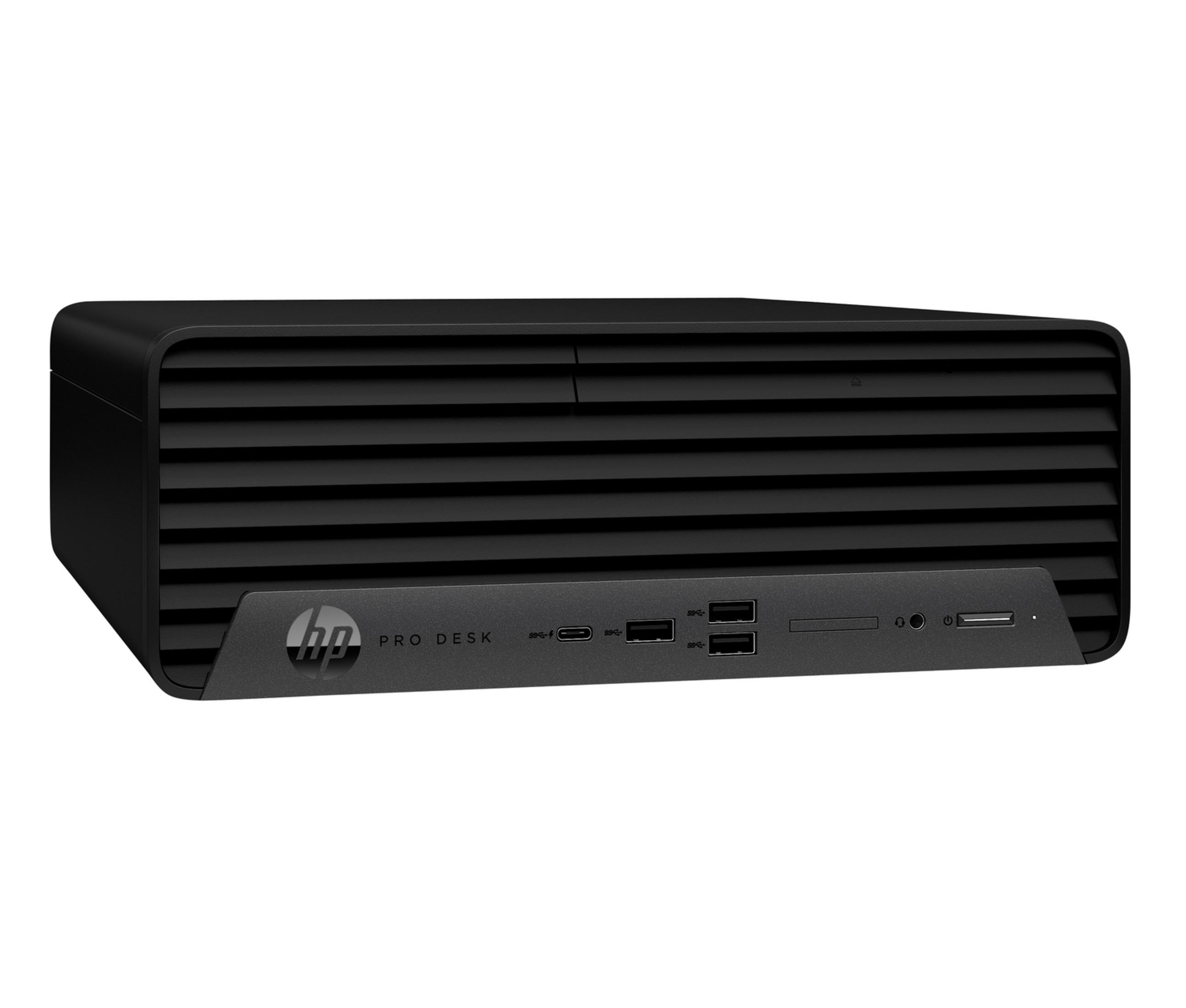 Un computer desktop HP Pro Desk nero con fessure di ventilazione orizzontali.