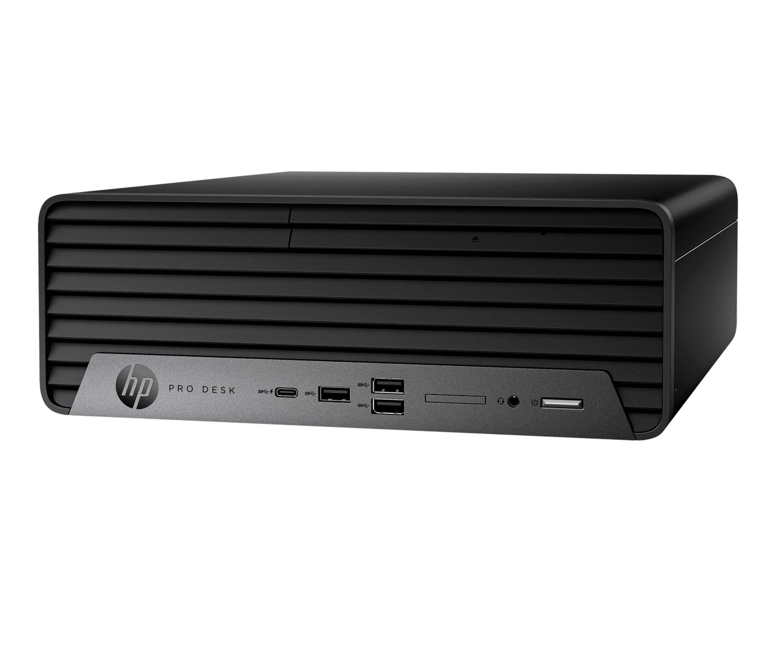 Tower PC HP Pro Desk nero con prese d'aria orizzontali e porte anteriori.