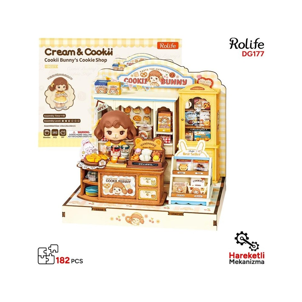 Rolife Cream & Cookii kendin yap kurabiye dükkanı kiti figür ve çoklu raflarla.