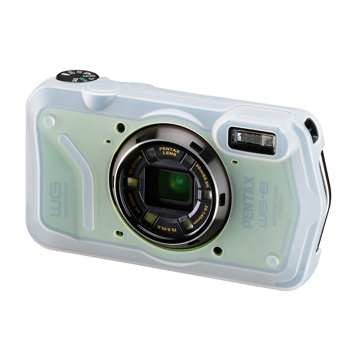 Eine Pentax WG-B Kamera in einer durchsichtigen Schutzhülle, zeigt Objektiv und Blitz.