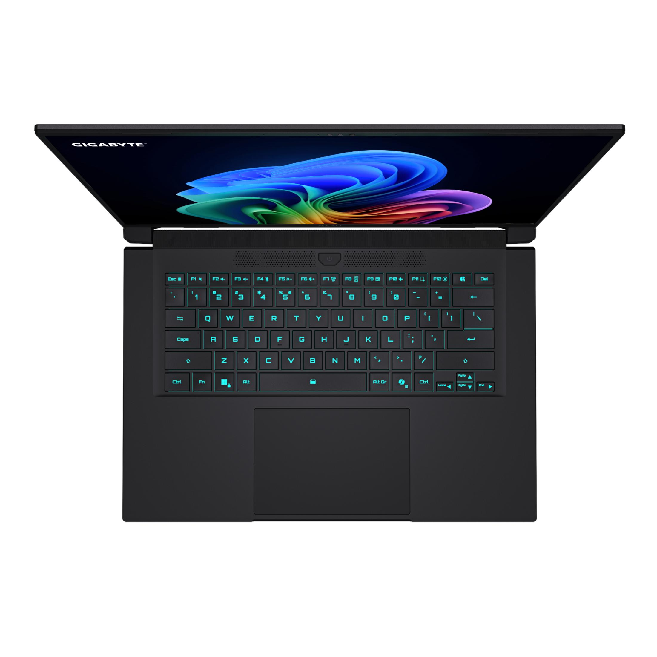Schwarzer Laptop mit beleuchteter Tastatur und buntem Hintergrundbild auf dem Bildschirm.
