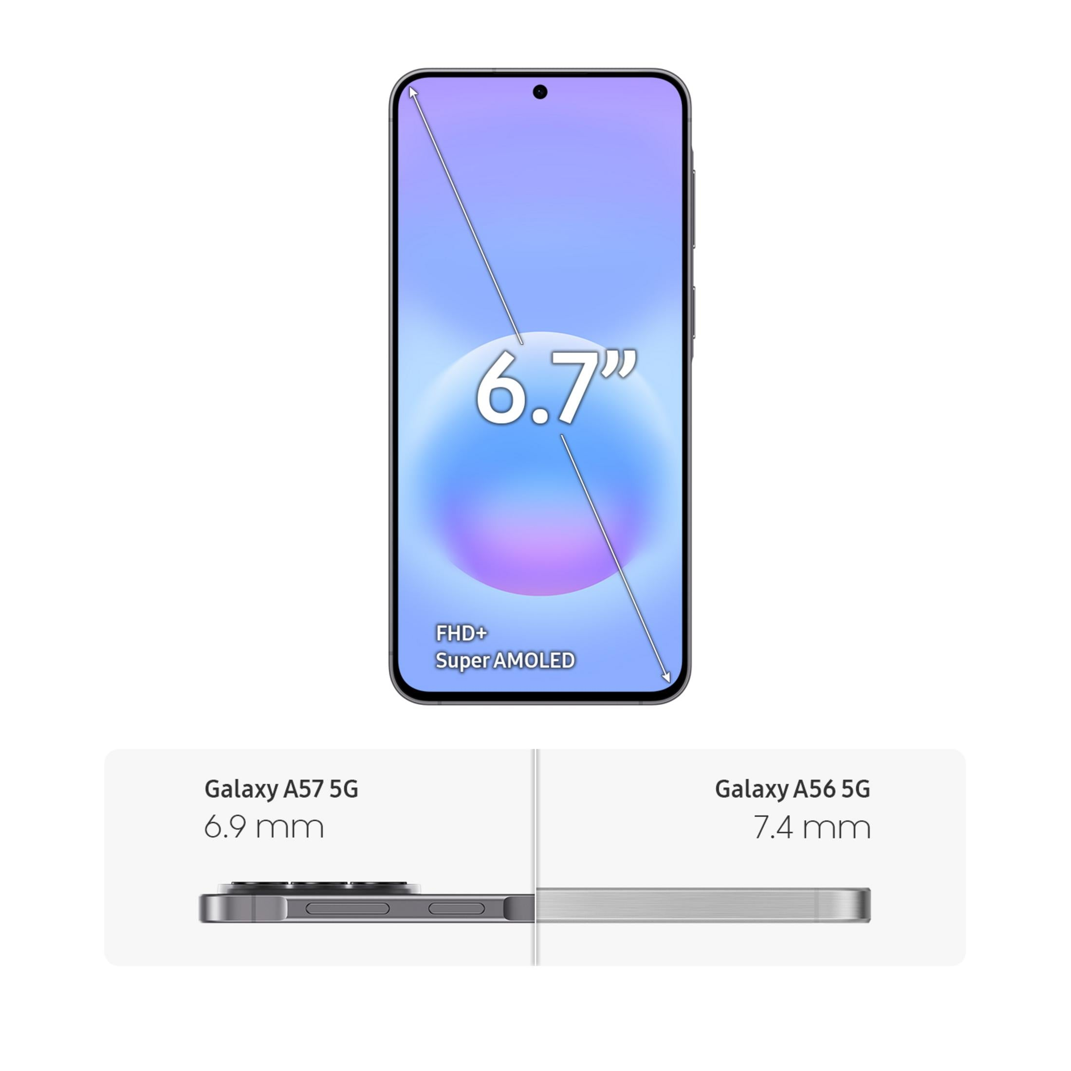 Confronto tra due telefoni Samsung: Galaxy A57 5G (6,9 mm) e A56 5G (7,4 mm).