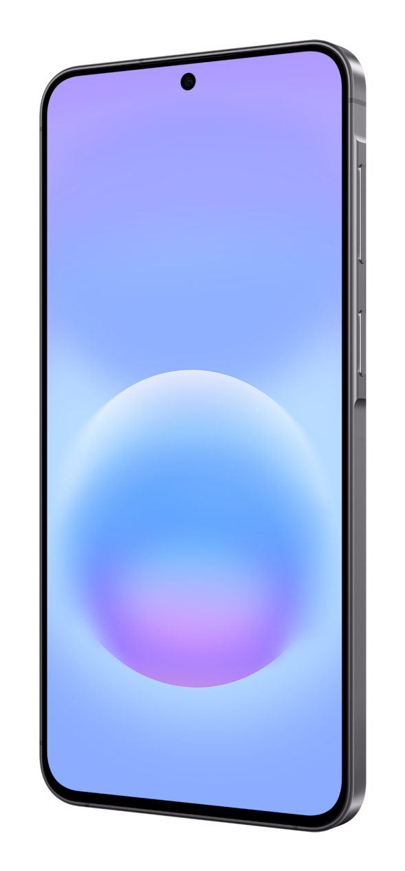 Uno smartphone grigio con uno sfondo sfumato blu e viola.