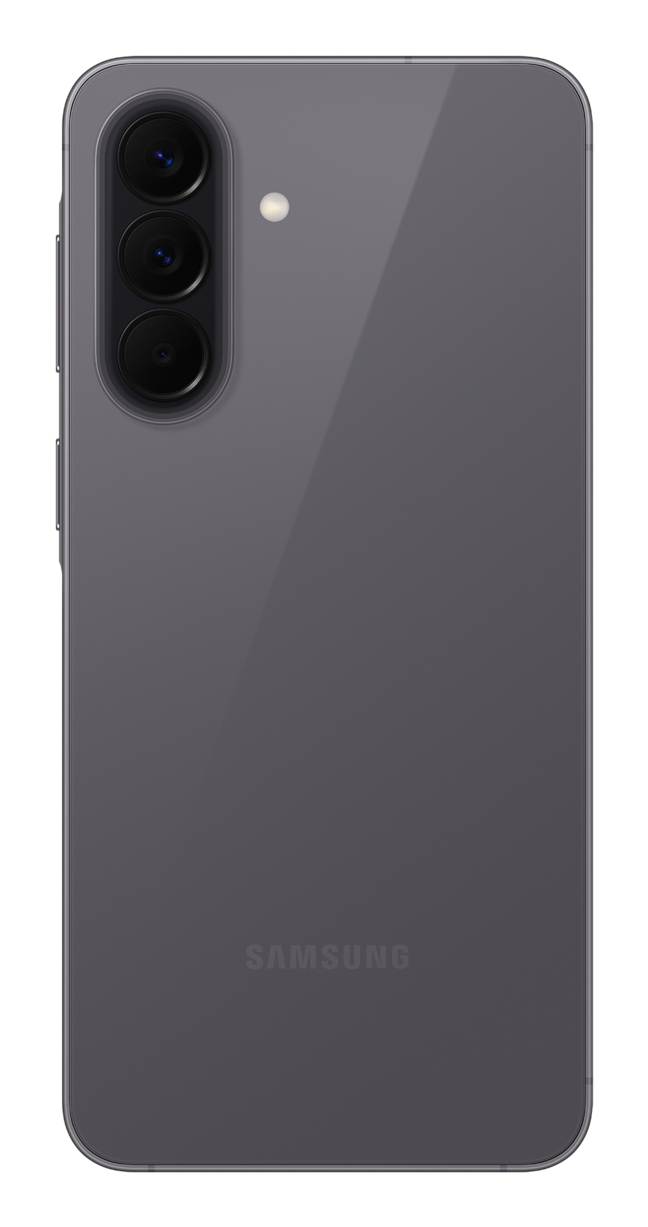 Smartphone Samsung grigio con tre fotocamere e flash sul retro.